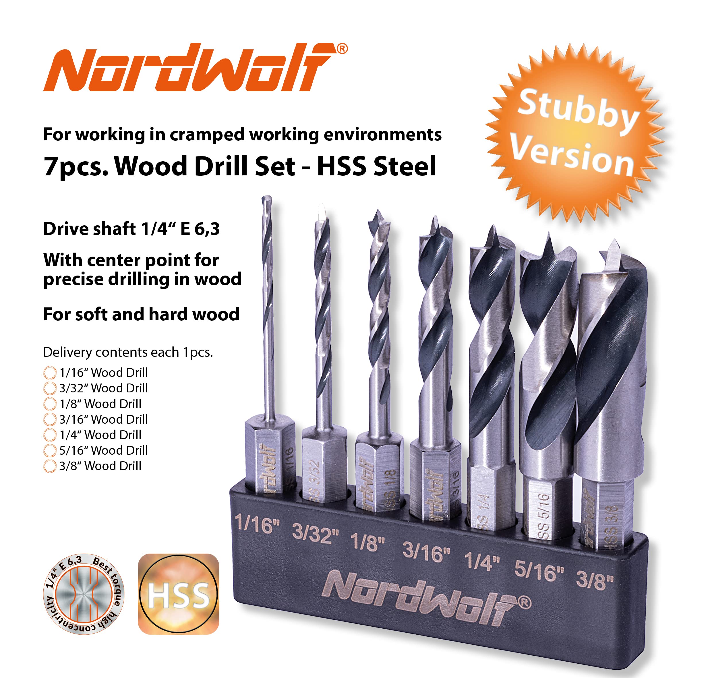 NordWolf 7-Piece HSS Brad Point Stubby Wood Drill Bit Set - Image 2