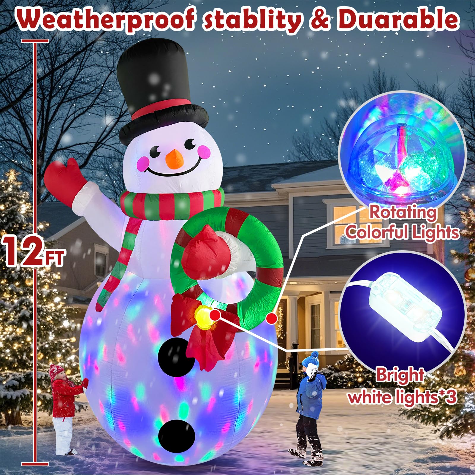 Danxilu Grand bonhomme de neige gonflable de 3,7 m avec guirlande, bonhomme de neige géant gonflable, lumières LED rotatives intégrées pour Noël, extérieur, jardin, cour, fête de vacances