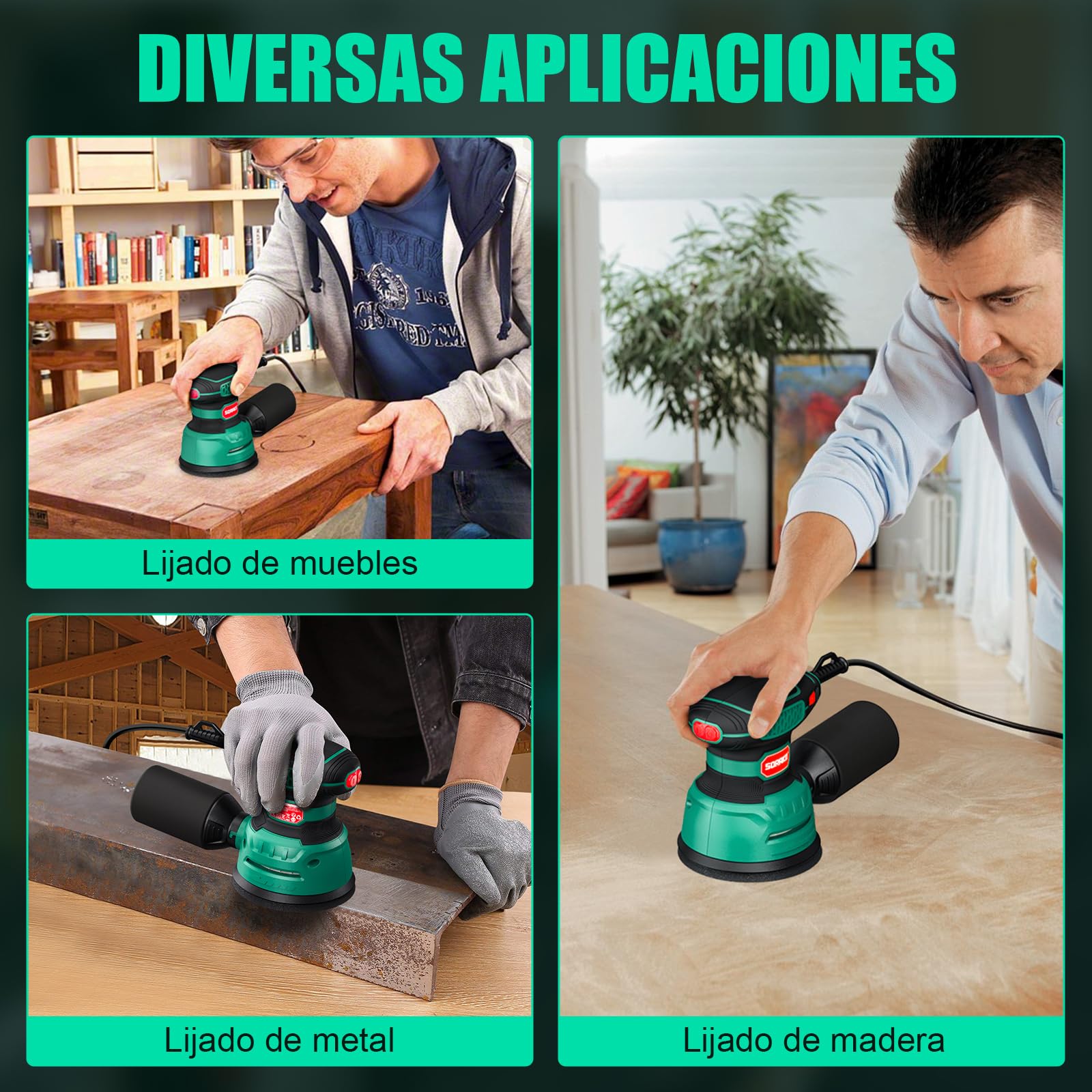 Lijadora Orbital 350W 125MM - 6 velocidades,16 hojas de lijado incluidas,con recolección de polvo y función de freno rápido,Ideal para lijar y pulir madera,en proyectos de afición