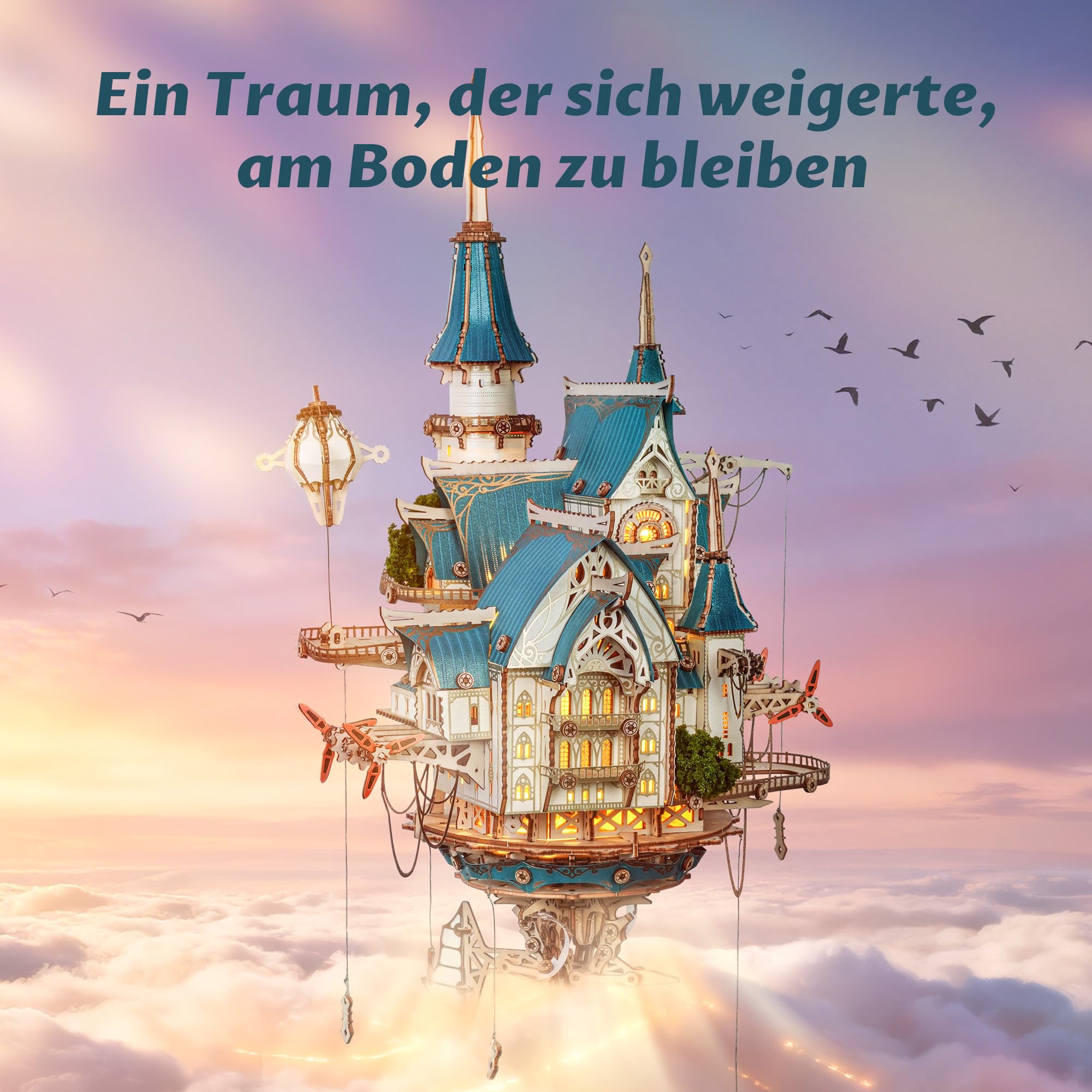 FUNPOLA 3D Holzpuzzle Dampf-Schloss Modell – Steampunk Barock Schwebendes Schloss DIY Bausatz mit mechanischen Zahnrädern, einzigartiges Geschenk für Erwachsene und Jugendliche