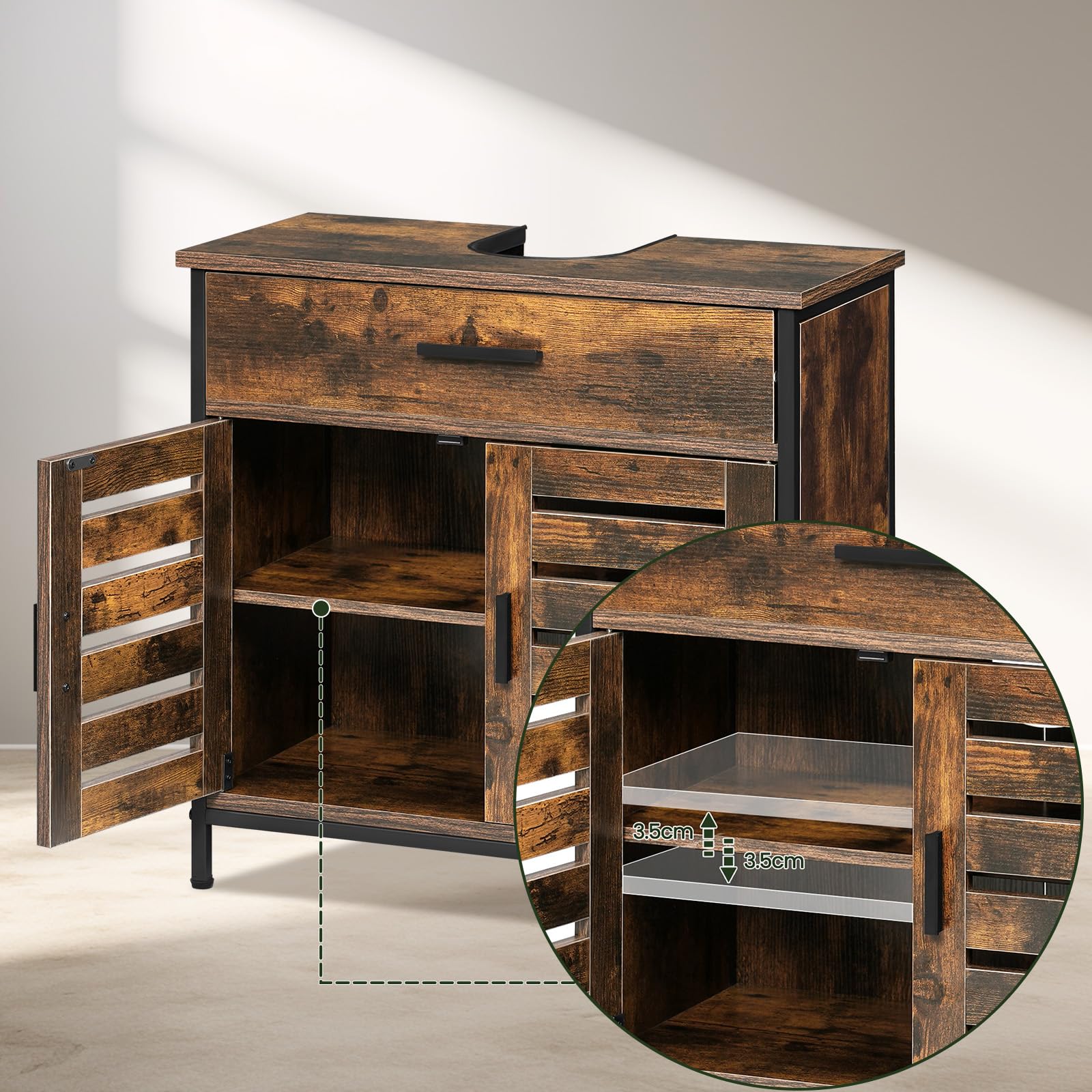 EUGAD Mobiletto, Mobile Lavabo, Mobile Bagno, con 1 Cassetto Grande, 2 Ante a Ribalta, Ripiano Regolabile, MDF, 60x30x60cm, Marrone Rustico