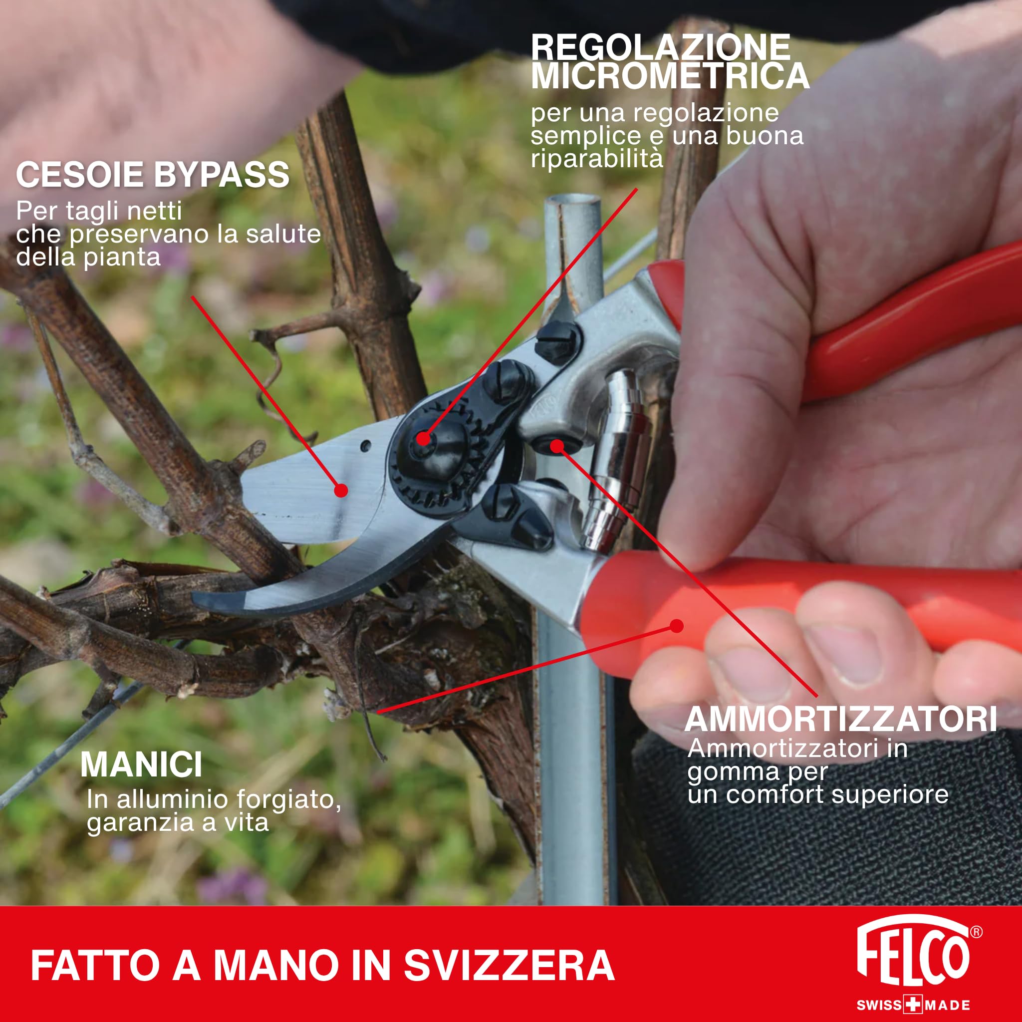 FELCO 7 forbice bypass per destrimani con manico rotante, lama in acciaio temprato 45 mm, manici in alluminio forgiato, ergonomia per mano grande, taglio potente 25 mm