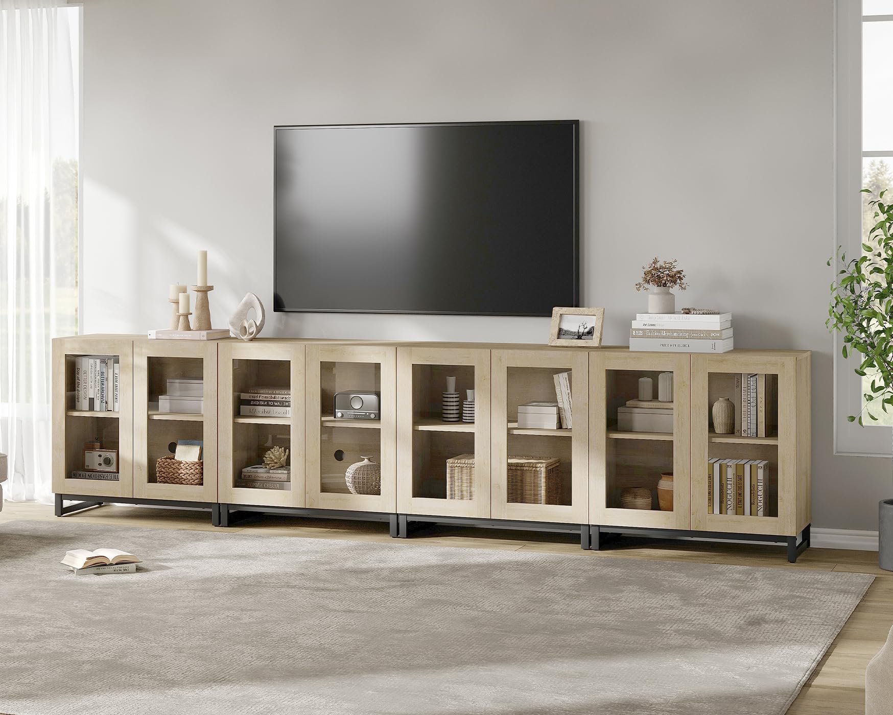 WAMPAT modern TV stand with glass doors for 80-120 inch TVs