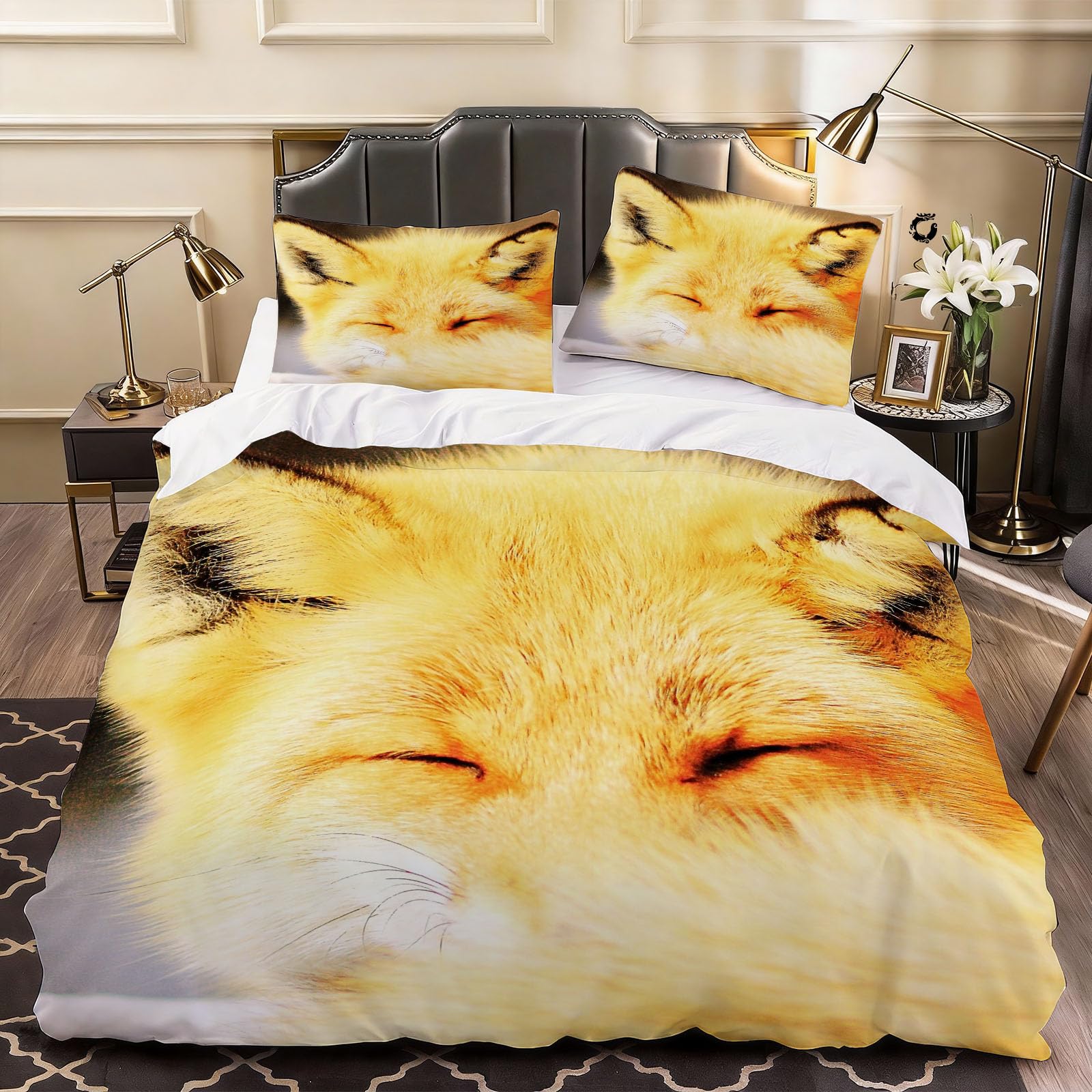 3D Wild Fox Duvet Cover Vibrant Wildlife Style Bedding Double Bed Set, Soft Microfiber Comforter Cover Printed with Zipper Closure Quilt Coverr 200x200 cm and 2 Pillowcases