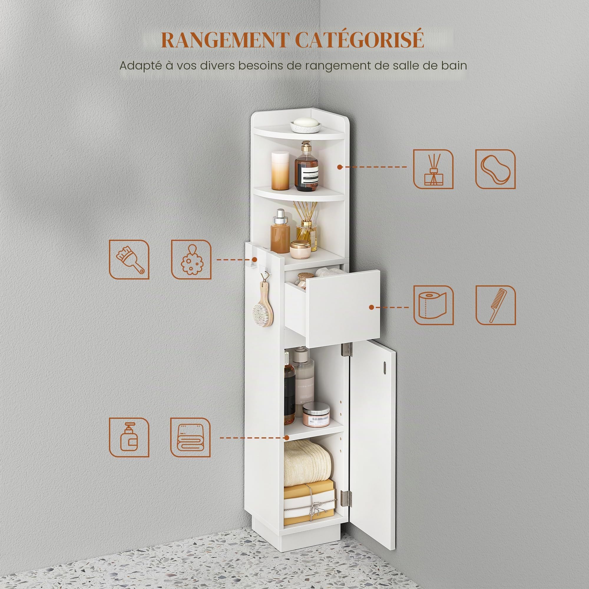 HEXCELEN Meuble de Salle de Bain, Armoire de Salle de Bain d'angle, Blanc | Armoire de Toilette, 20 x 20 x 98 cm, Étagères Réglables, 1 tiroir et 2 Compartiments Ouverts, Meuble Colonne sur Pied