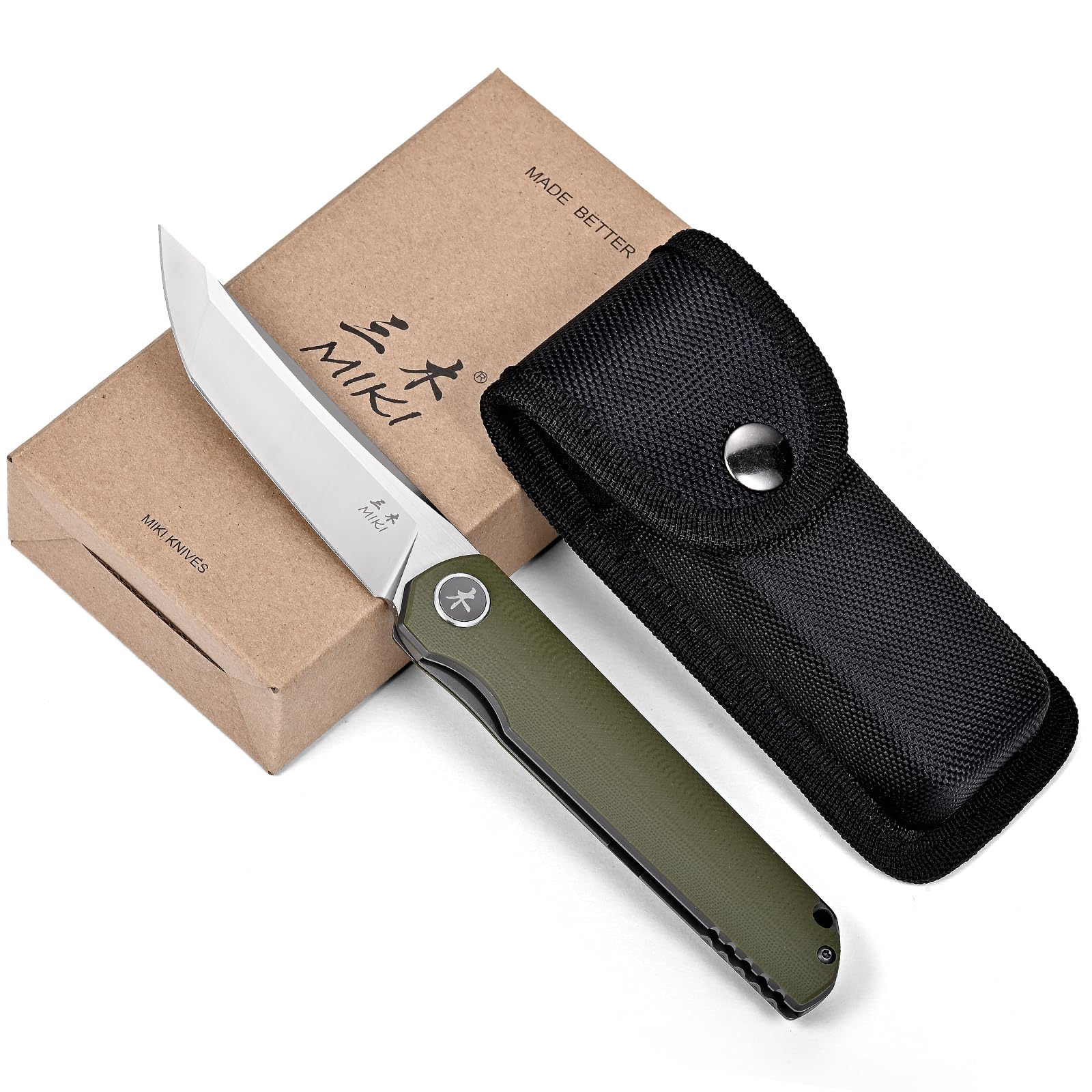 Miki Folding Knife, Sharp D2 Steel Blade, Green G10 Handle, Pocket Samurai Knives with Pocket Clip, Outdoor Knife for Camping & Survival, Gifts for Men