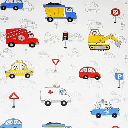 Kids Wallpaper Cars Fire Engine Police Taxi Truck Digger White Metallic Silver Amazon Co Uk Diy Tools