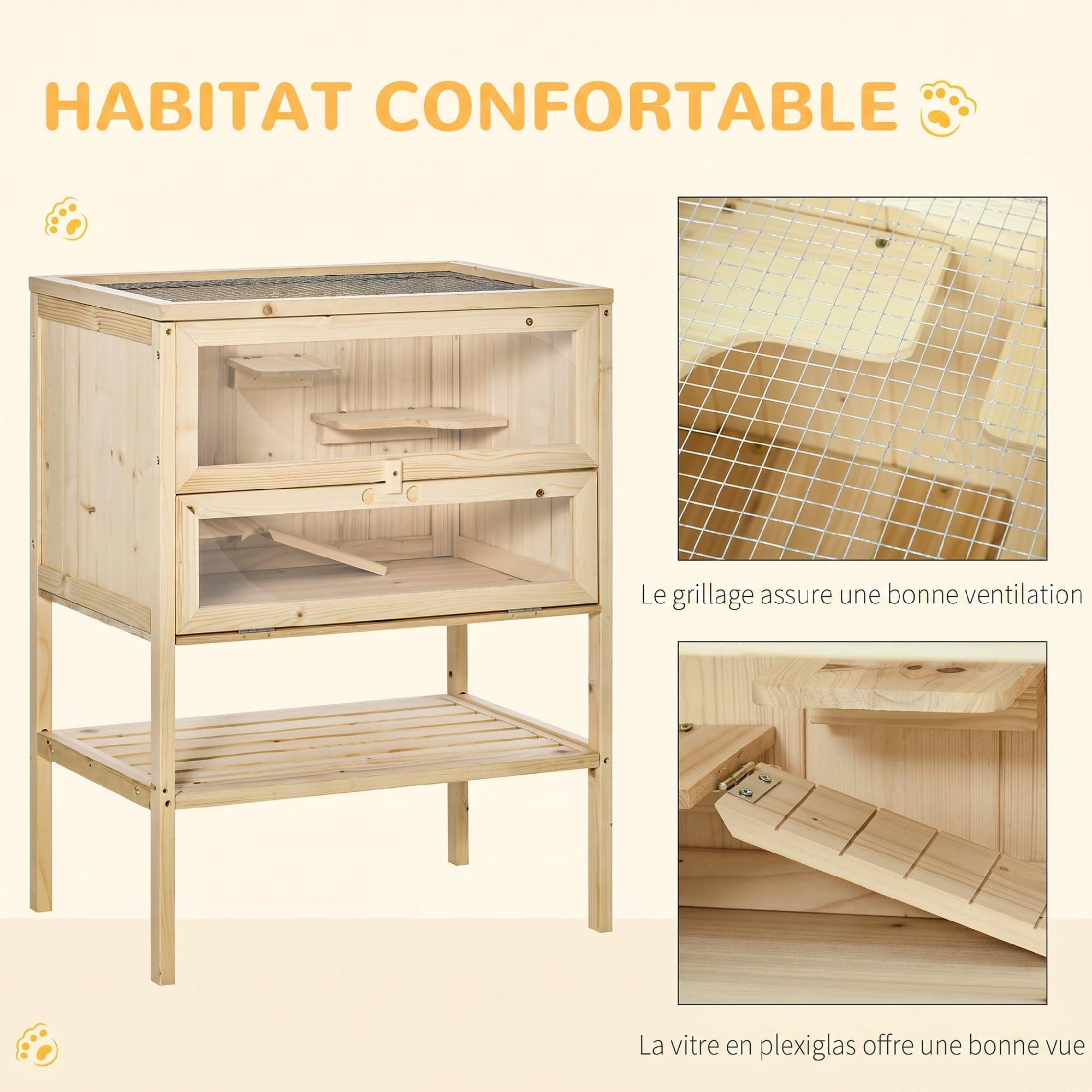 PawHut Cage Hamster en Bois 3 Niveaux, Habitat pour Rongeur 60x40x80cm