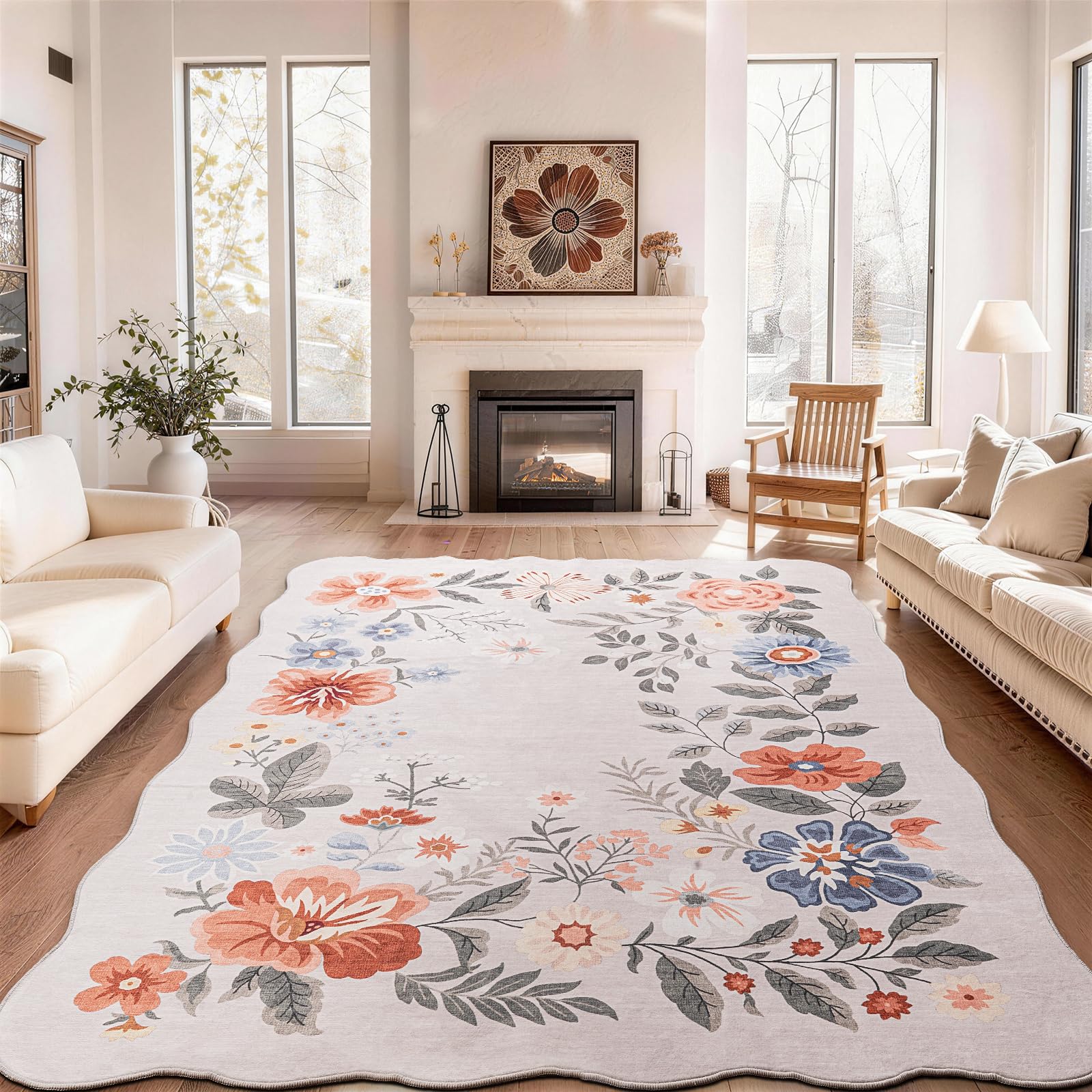 SOANNY Floral Living Room Rug, Large Boho Area Carpet, Soft Low Pile Washable Non Slip Stain Resistant Rugs for Bedroom Entryway ‎‎‎‎Nursery Office Dining Room Office, 200x300 cm, Scalloped Cream