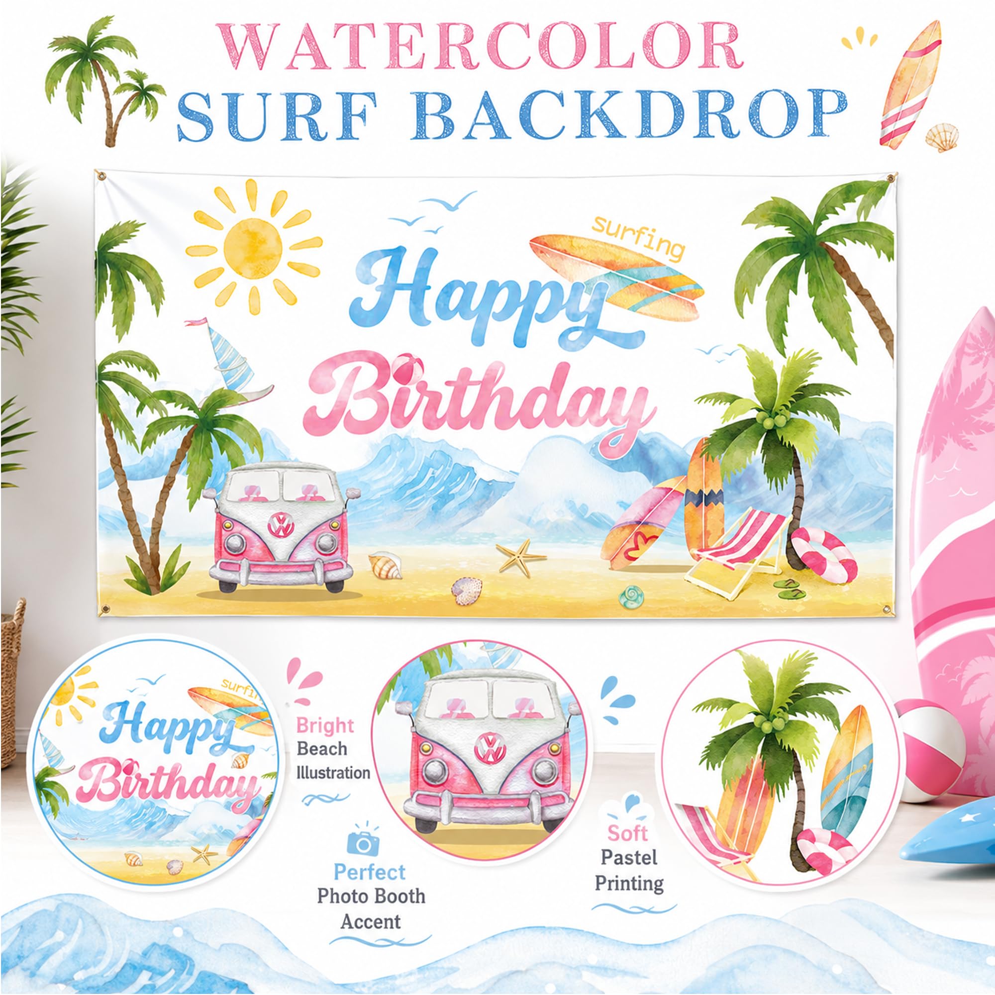 Decoraciones de fiesta de cumpleaños de surf, decoraciones de fiesta de cumpleaños en la playa para niñas, suministros de cumpleaños de olas hawaianas de verano, guirnalda de globos, tabla de surf