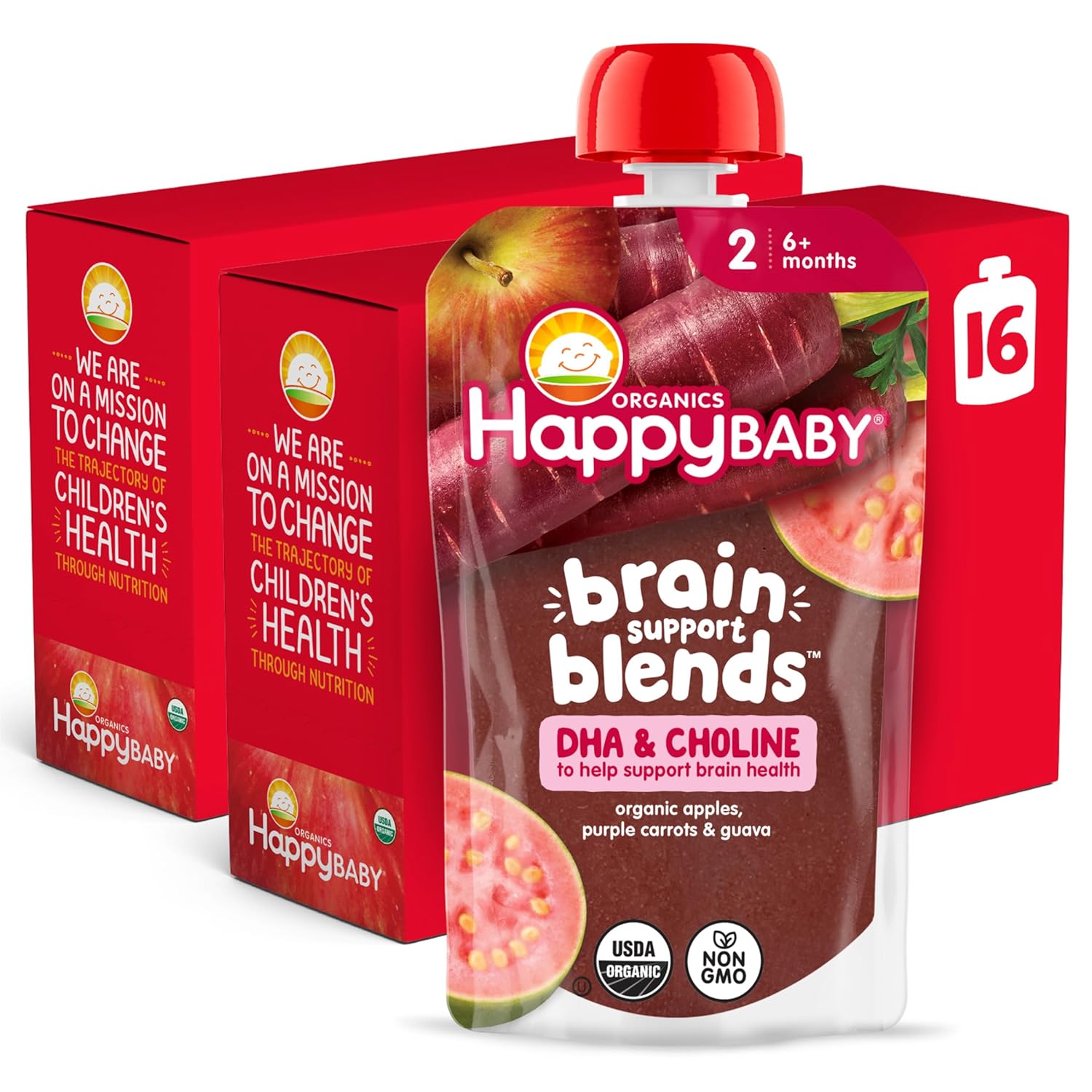 Happy Baby Organics Brain Support Blends Apples, Purple Carrots & Guava with DHA and Choline 4 oz Pouch (Pack of 16)