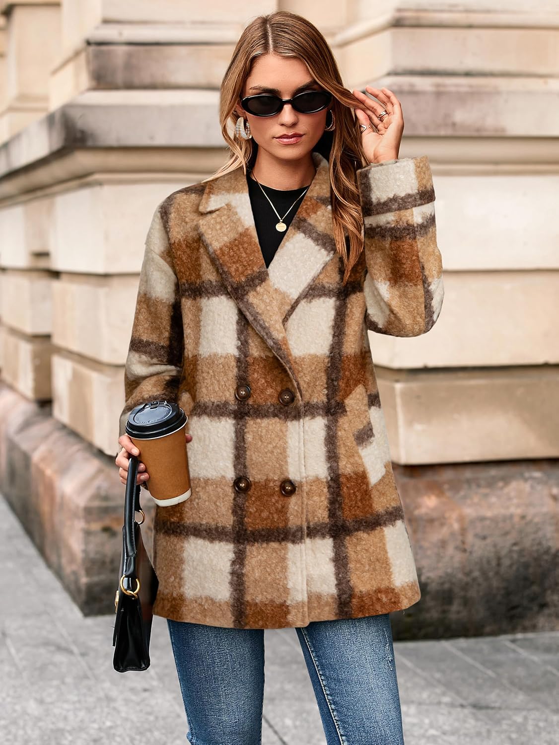 Glamaker Womens Winter Lapel Collar Plaid Jacket Double Breasted Work Pea Coat Jackets Casual Trendy - Image 5