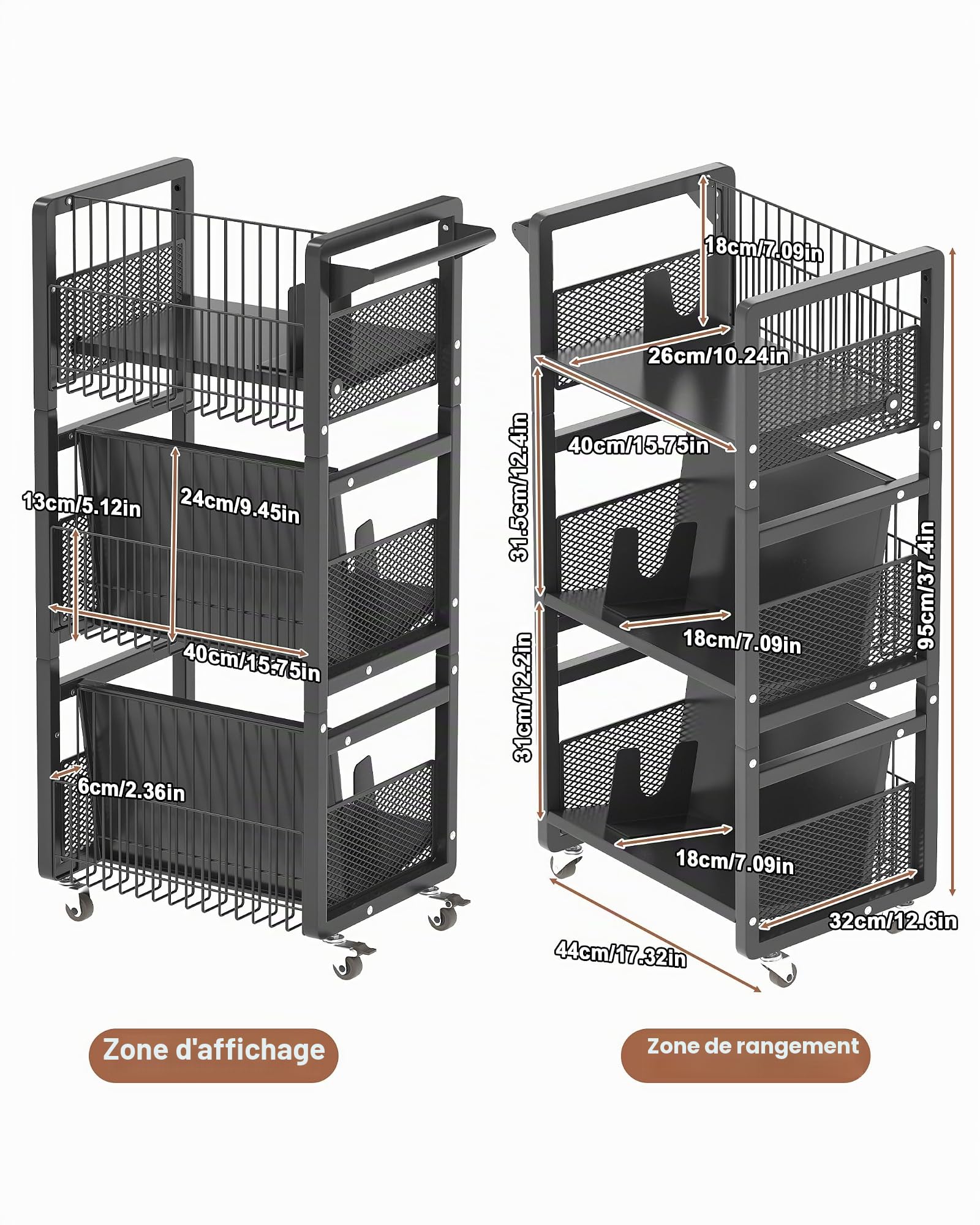 Mobile Bibliothèque avec Roulettes, 3 Niveaux Métal Étagère de Rangement avec 3 Serre-livres Magnétiques, Grande Capacité, Capacité de Charge de 70 kg Noir