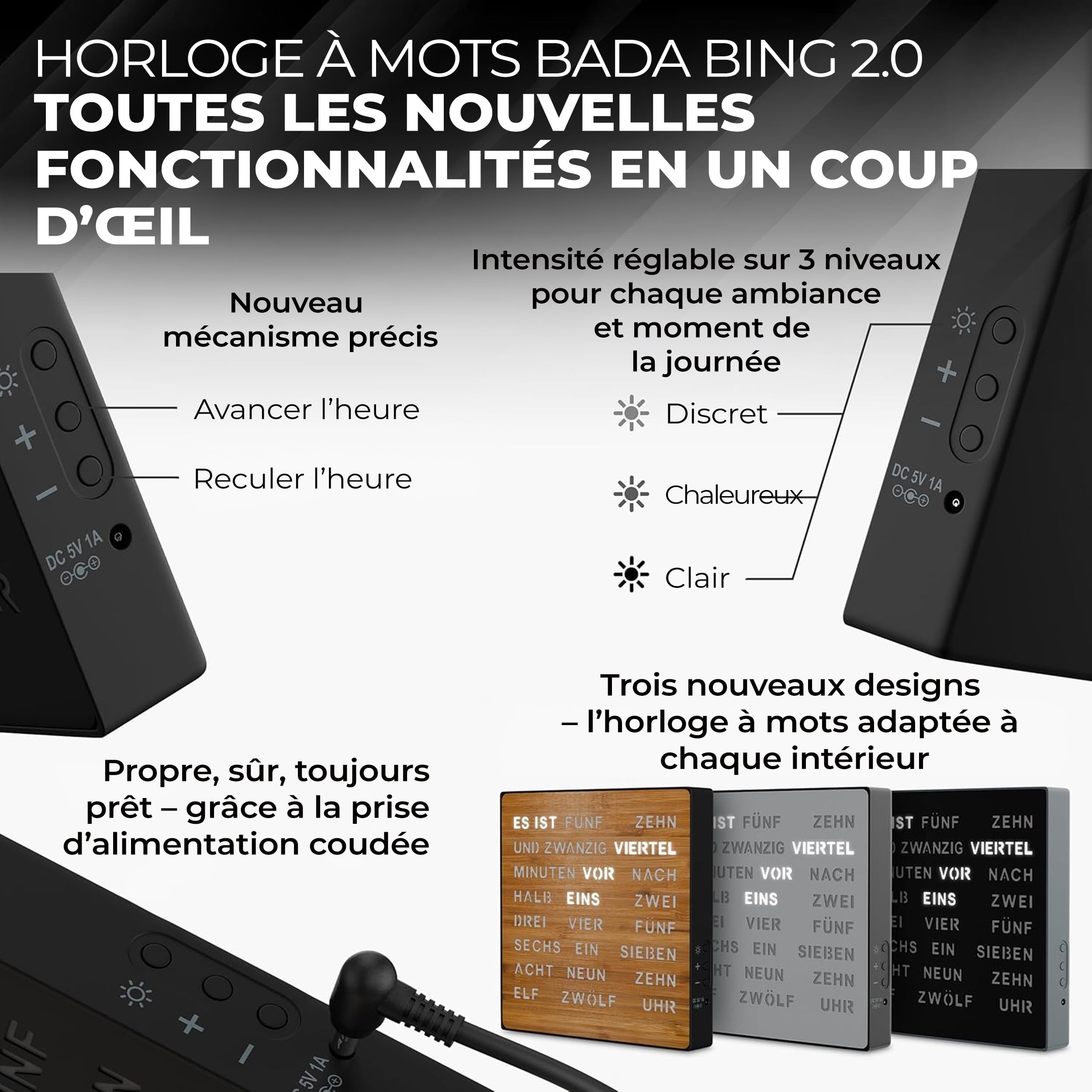 Bada Bing Horloge LED Noire avec Affichage du Mot Allemand - Horloge | en métal élégante avec câble USB - Horloge murale moderne - Horloge de table de qualité supérieure silencieuse à poser/à