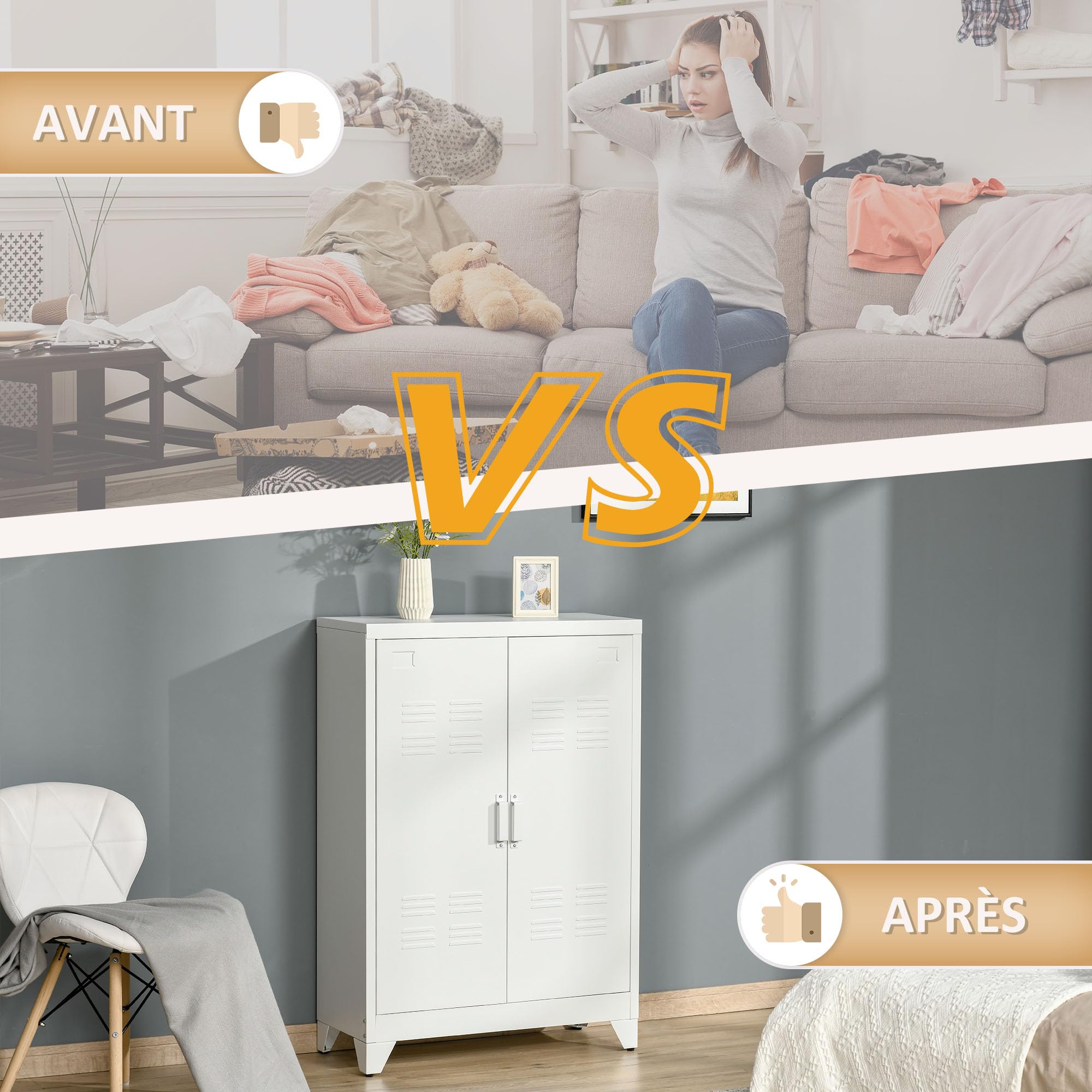 HOMCOM Armoire de bureau à 3 niveaux, meuble de rangement bureau métallique avec 2 portes et étagères réglables, armoire à dossiers pour domicile, garage, blanc