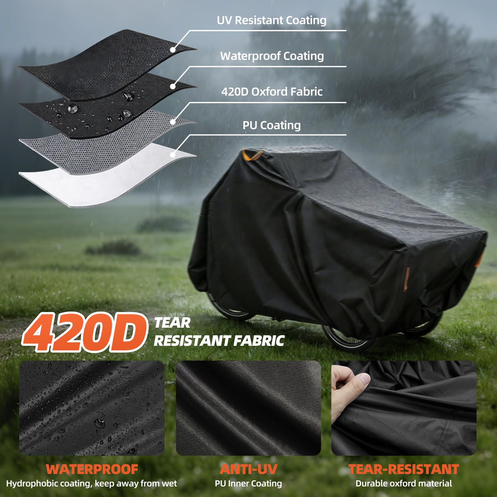 Pokrowiec na rower towarowy, 220 x 100 x 110 cm, plandeka na rower towarowy, pokrowiec na rower trójkołowy, wodoszczelna osłona przeciwdeszczowa z tkaniny Oxford 420d Oxford Cargo Bike Cover