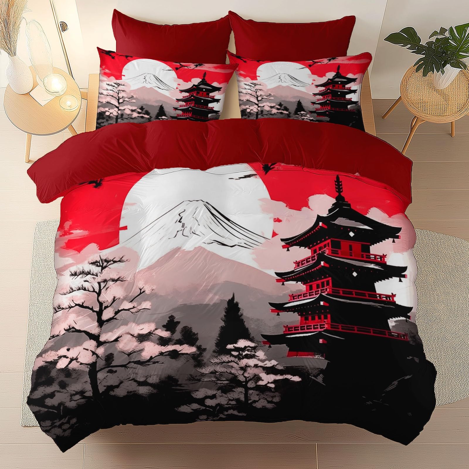 Parure de lit 240x260 temple japonais rouge pour une ambiance zen et fleurie chaque soir