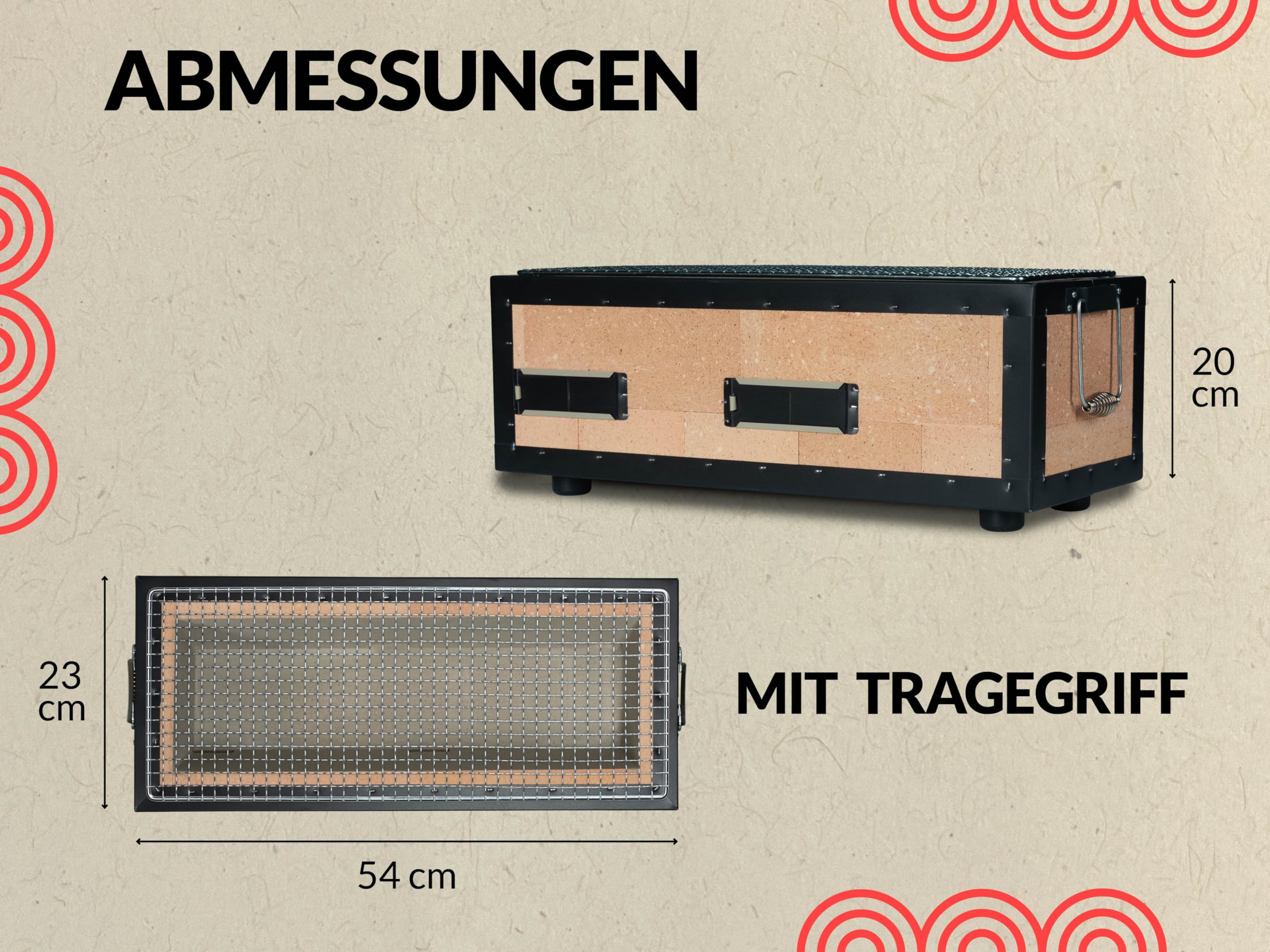 Konro Grill – traditioneller japanischer Holzkohlegrill aus natürlichem Diatomit Sedimentgestein – ideal für Yakitori & Yakiniku – kompakter Tischgrill – handgefertigt in Japan - Mittel (54x23x20cm)