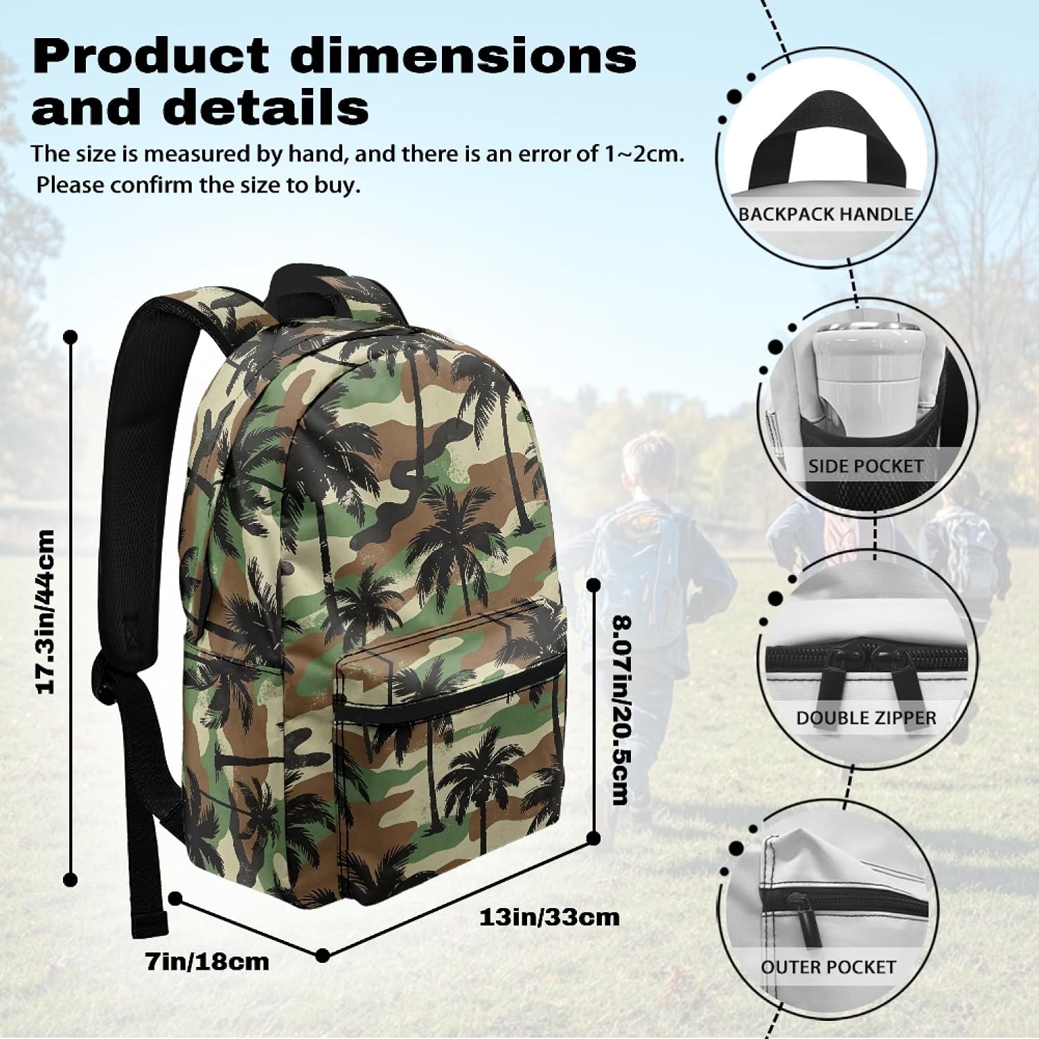Amzbeauty Kids Backpack For Boys Girls Palm Camouflage Print Lightweight School Backpack Large Capacity 17 Inch Book Bags With Pockets