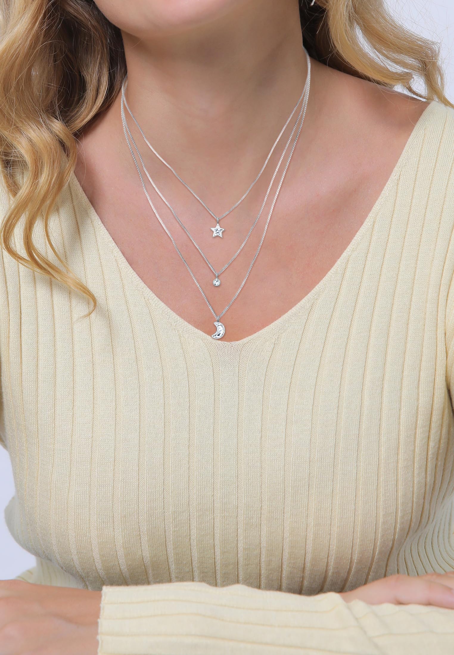 Elli Halskette Damen Layer Look Mond Stern mit Kristallen 925 Silber