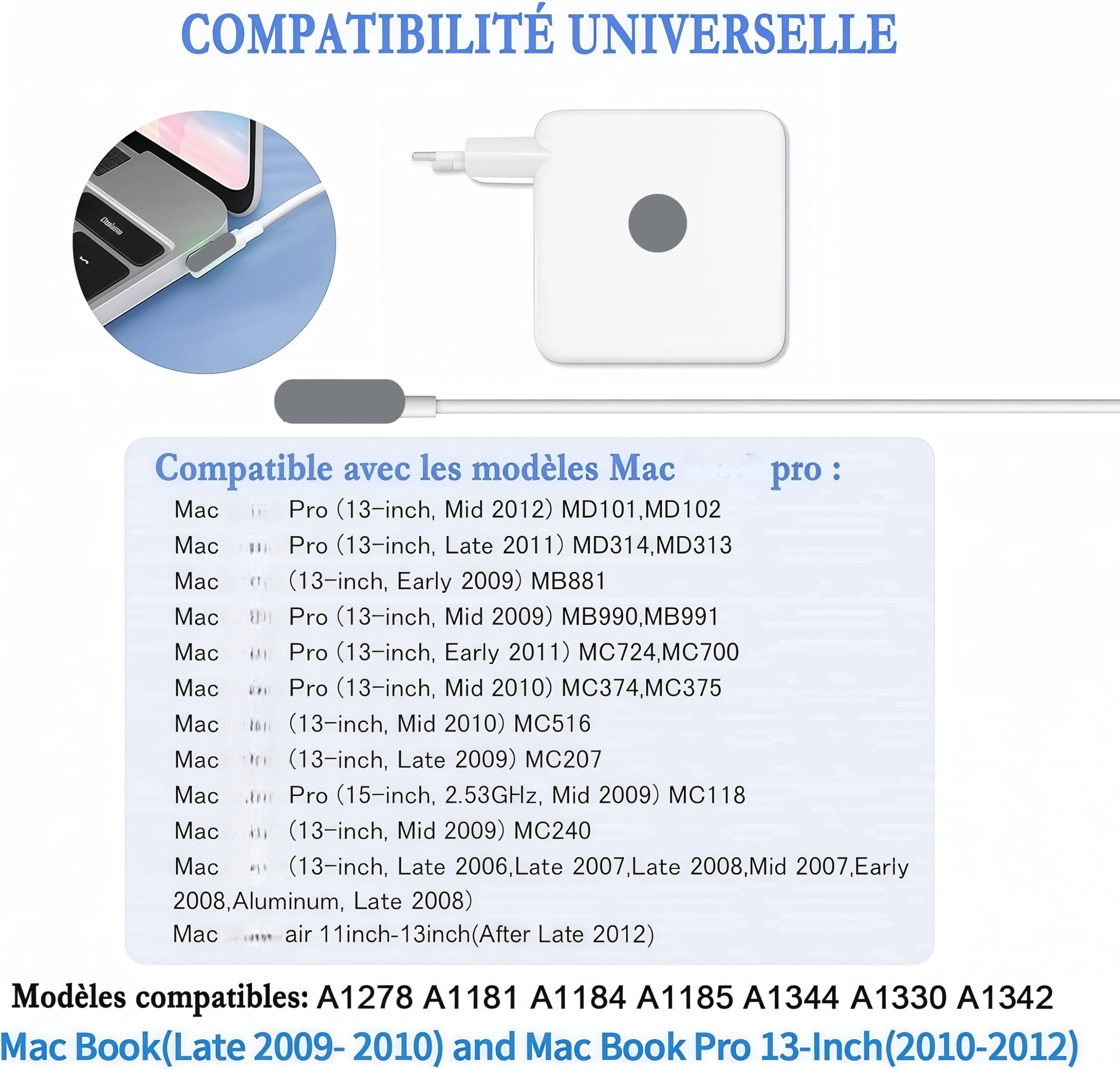 Chargeur pour Ordinateur Portable pour MacBook Pro, 60W L-Tip Chargeur Mac Compatible avec MacBook Pro 13 Pouces 2008~2012, pour modèle A1278 A1181 A1184 A1344 A1330 A1342 A1330 A1342