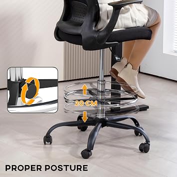 HOMCOM Drafting Chair Ergonomic High Office Chair Mesh Back Black | Flip-up Armrest, Lumbar Support, Adjustable Foot Ring, Swivel Wheels, for Standing Desk