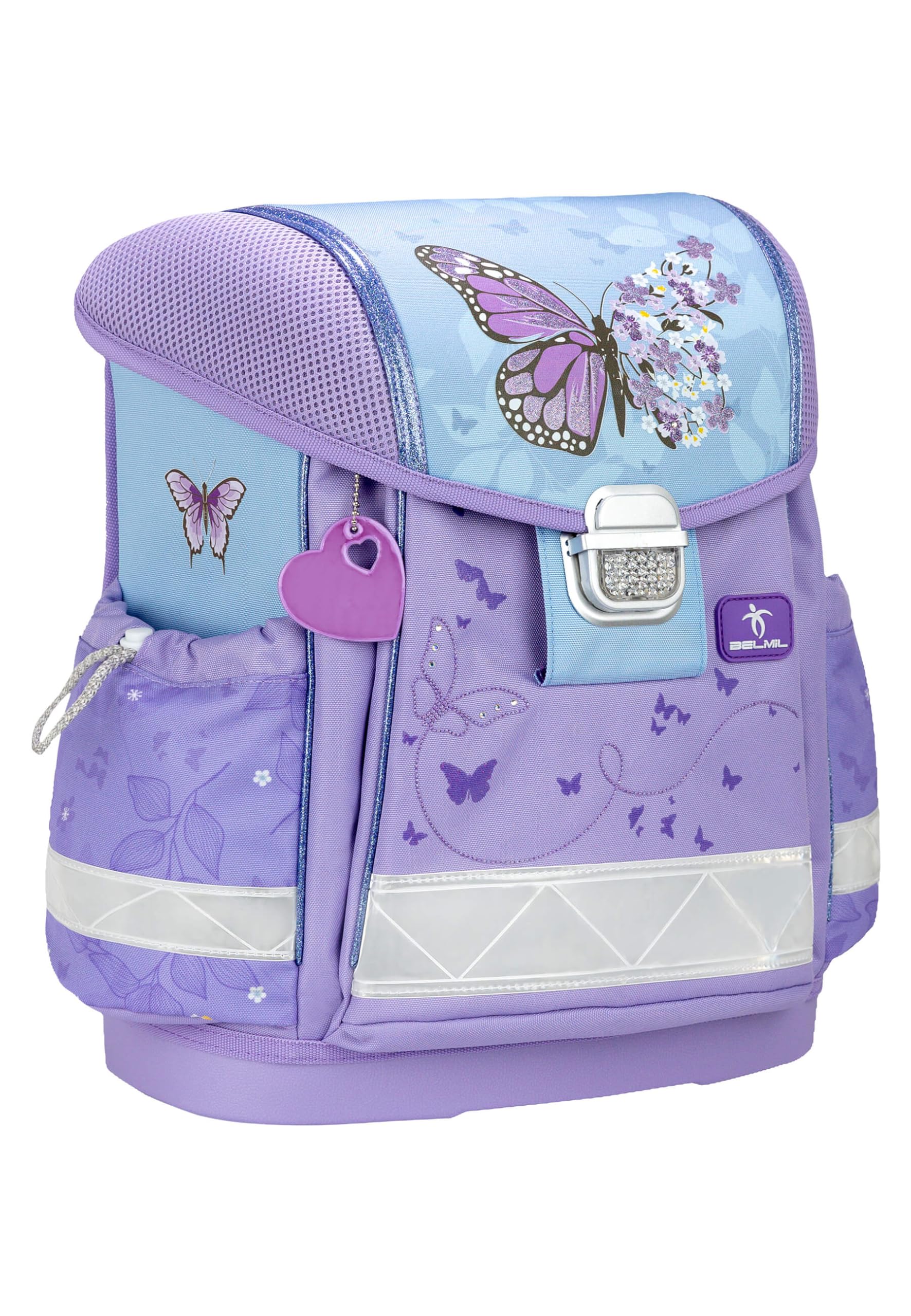 Belmil Classy Schulranzen Set 5 teilig mit extra Schlüsselanhänger (Purple Blue Butterfly)