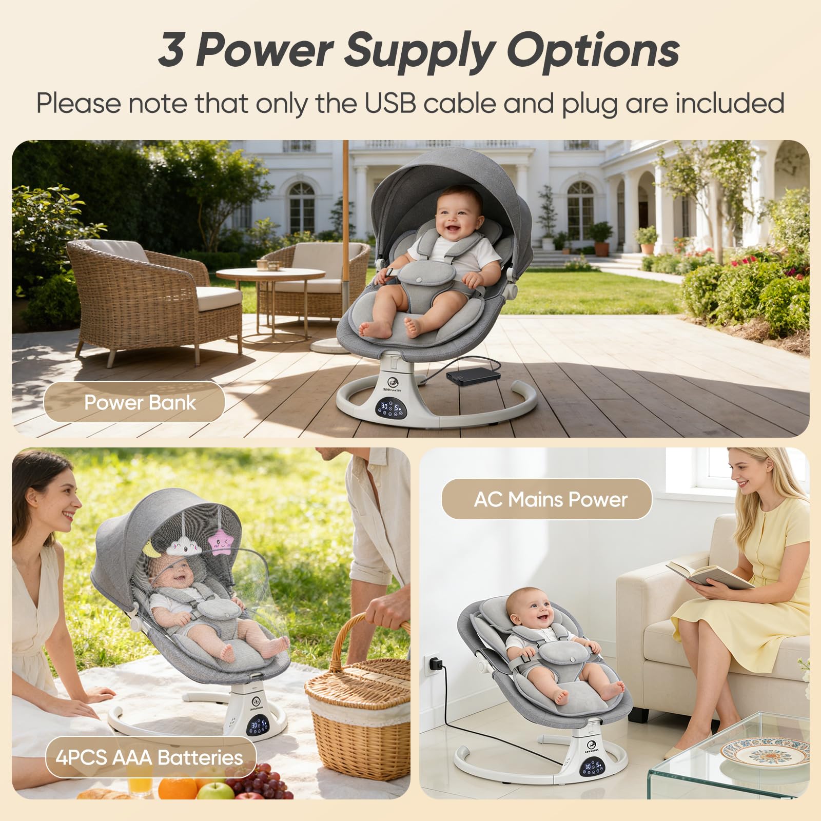Balancelle Bébé Électrique avec Dossier Réglable sur 3 Positions | 5 vitesses, 12 mélodies apaisantes, minuterie 8/15/30 min, télécommande, coussin amovible, 3 alimentations