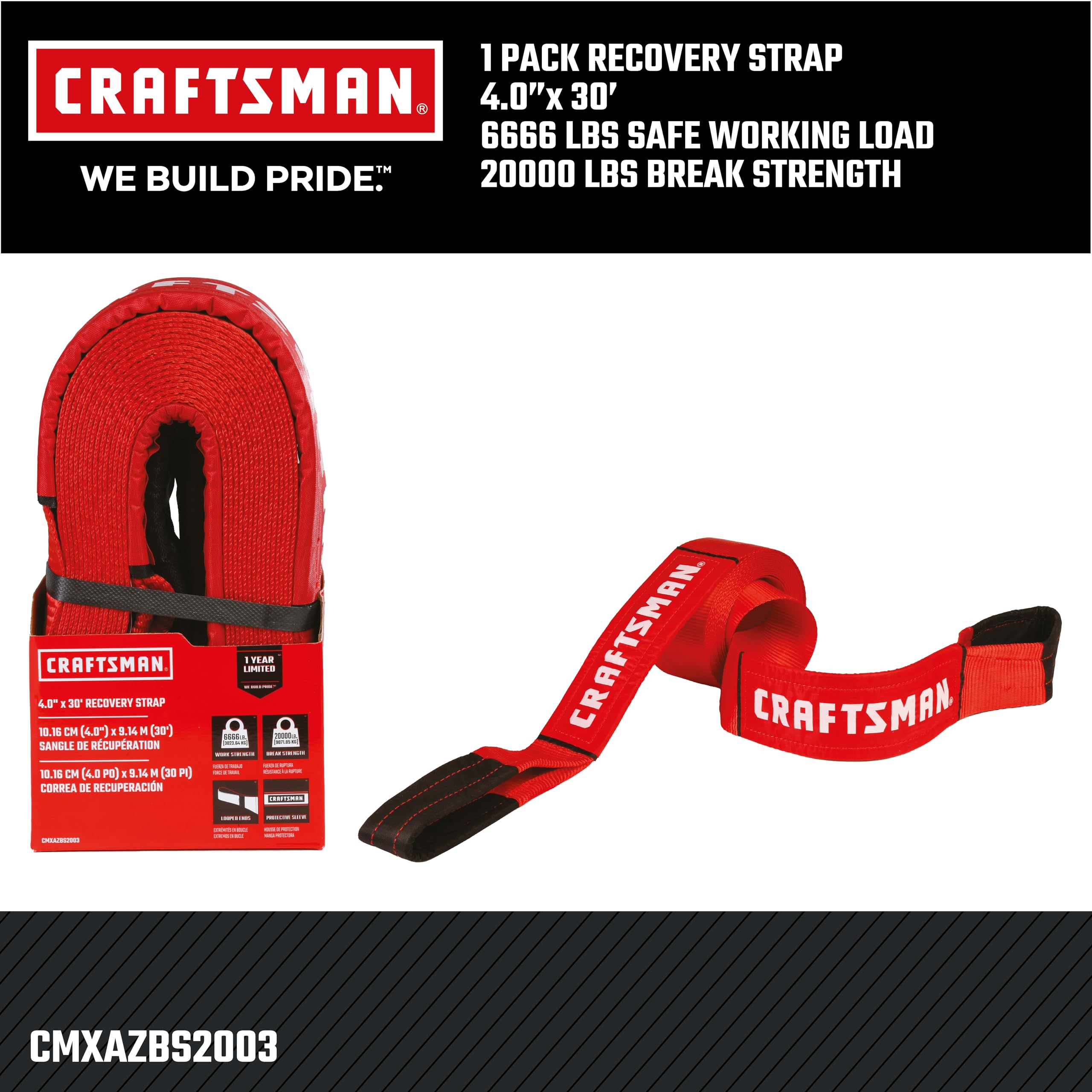 CRAFTSMAN CMXAZBS2003 - Cinghia di traino resistente per recupero, con estremità ad anello, carico sicuro da 3 kg, resistenza alla rottura, 9 kg, colore: Nero/Rosso
