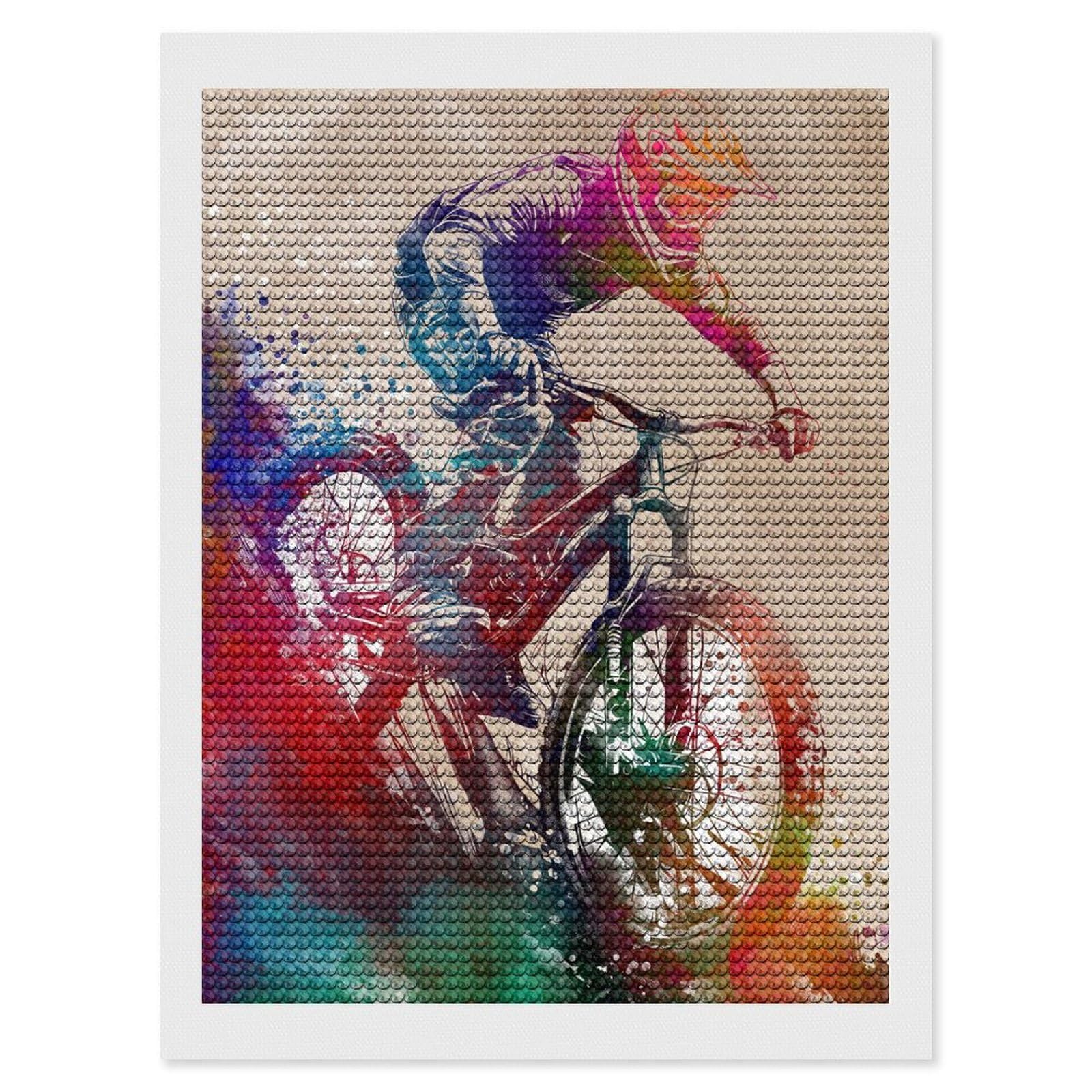 Junmoney Mountain Biker Watercolor Diamond Art Kit 12"x16", Neat Printed Canvas, Finish and Display, Relaxing DIY Hobby, Living Room Decor