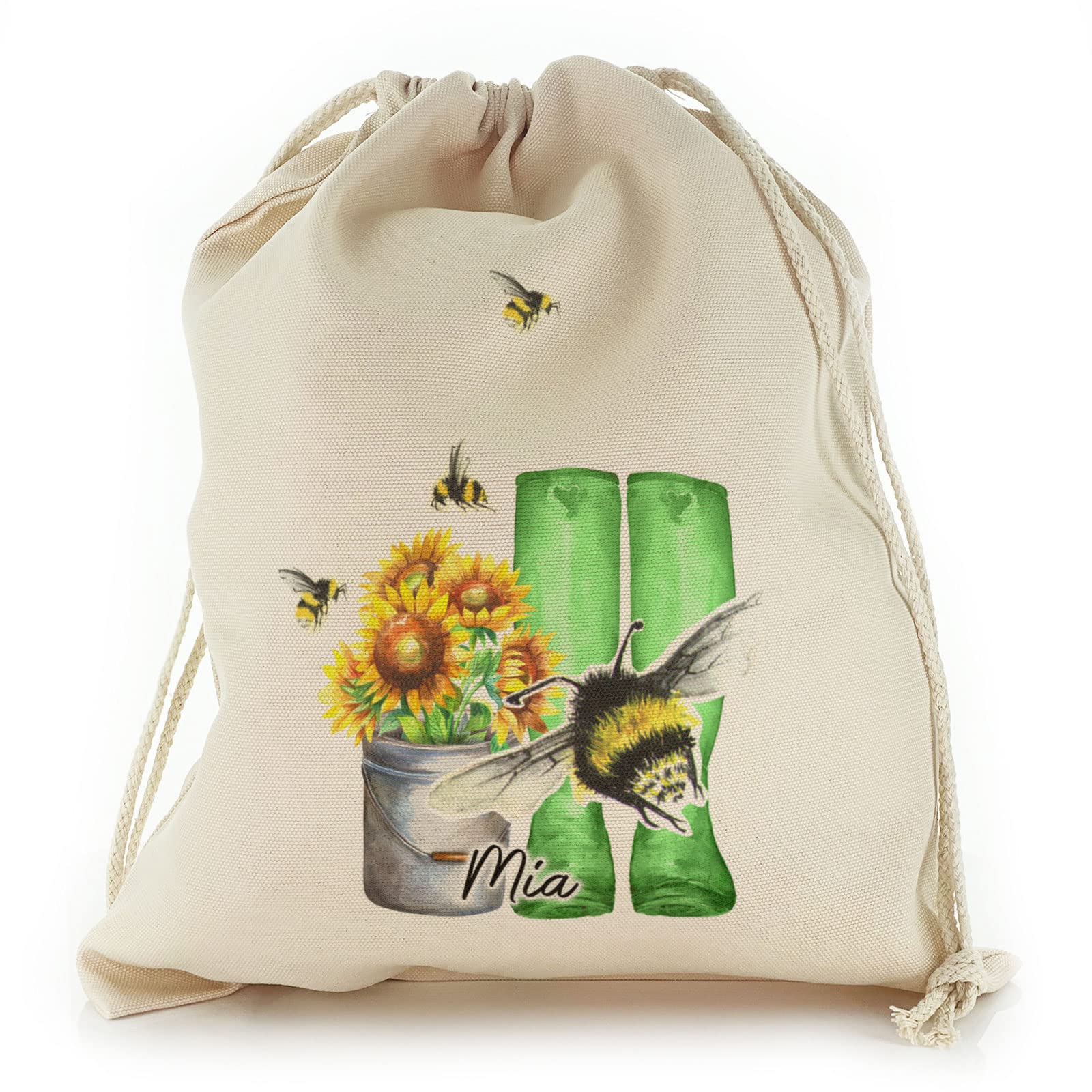 Personalised Gift Bag, Reusable, Floral Gift Bag, Wellington Flower Bee Floral Design Drawstring Sack, Garden Seed Storage Bag Customised with With Name, Sizes: XXS, XS, S, M, L, XL