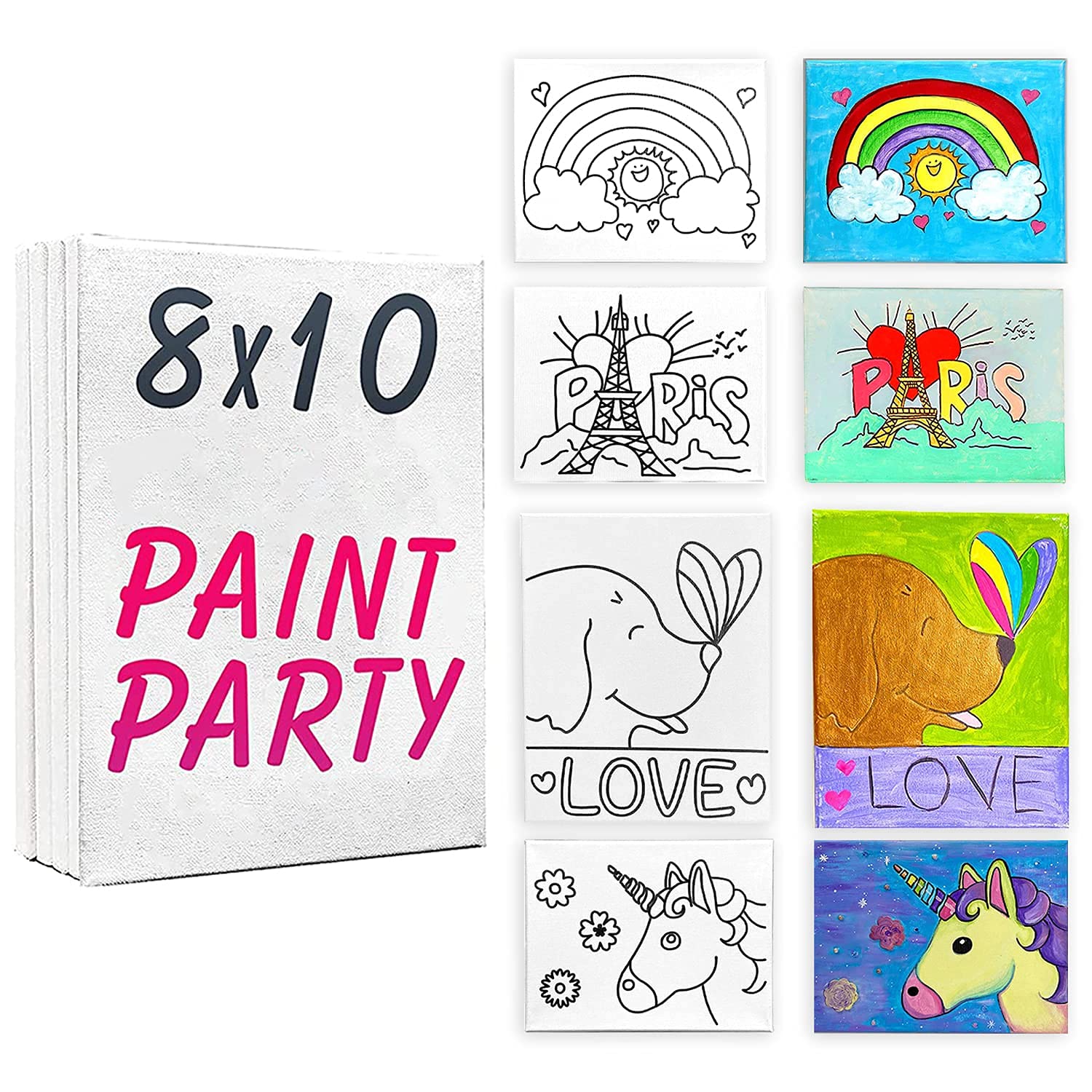4 PACK 8x10 Pre Drawn Stretched Canvas Painting for Kids | Custom Dog Love Theme | Birthday Gift Dog | DIY Paint party favor | DogLove (Canvas Only, 4 Pack Set)