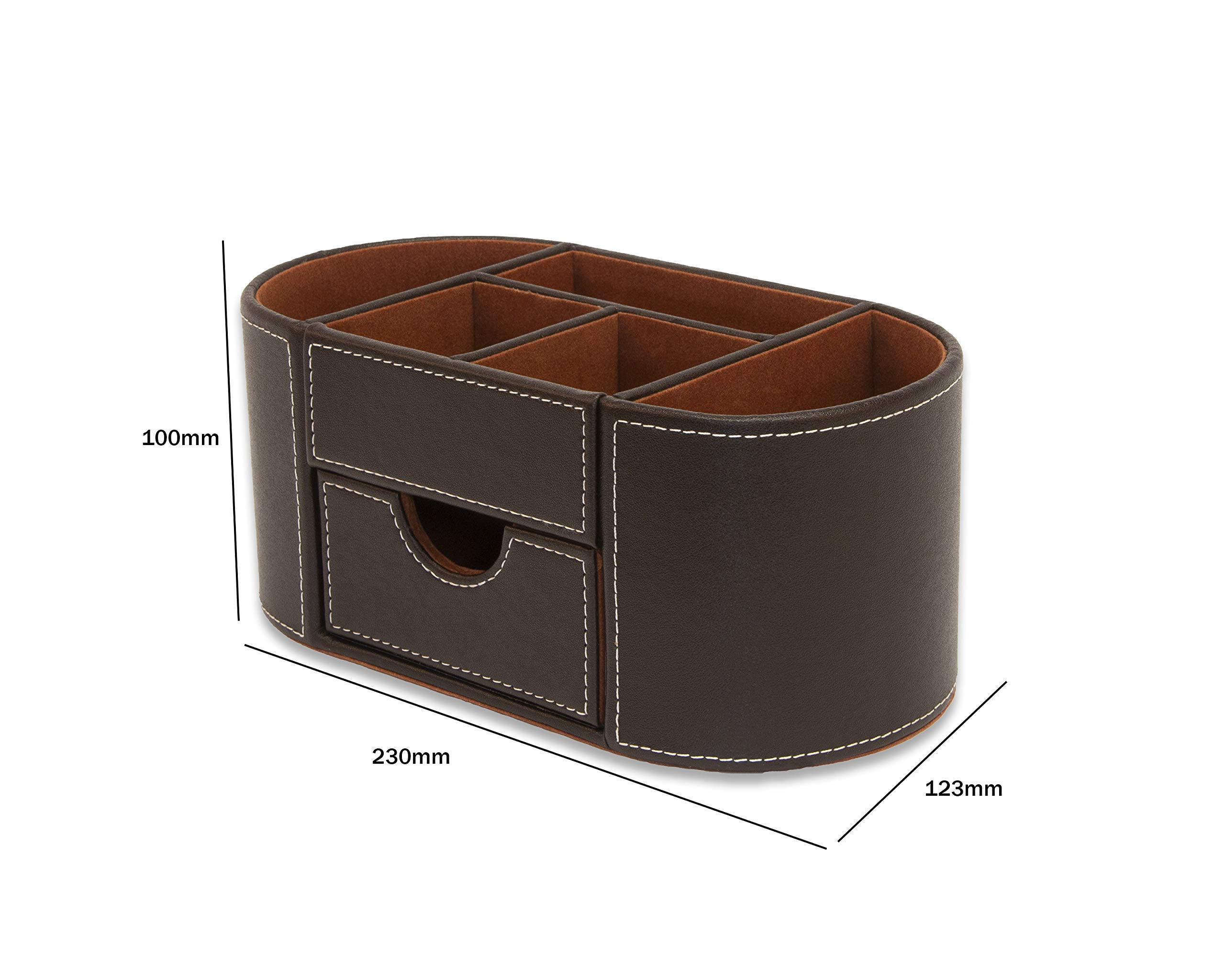 OSCO Organizer da scrivania in ecopelle marrone con cassetto, organizer da scrivania, portapenne, contenitore per trucchi, portapenne, 6 scomparti, contenitore per cancelleria, 10 x 23 x 12 cm