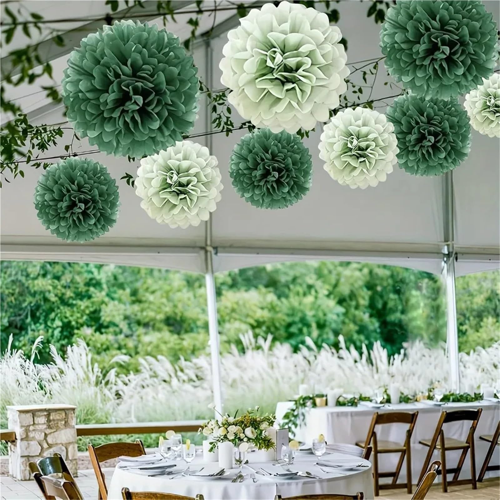 2er-Set elegante, blumenförmige Pompons aus Seidenpapier, grün-dunkelgrüner Farbverlauf, Partydekoration