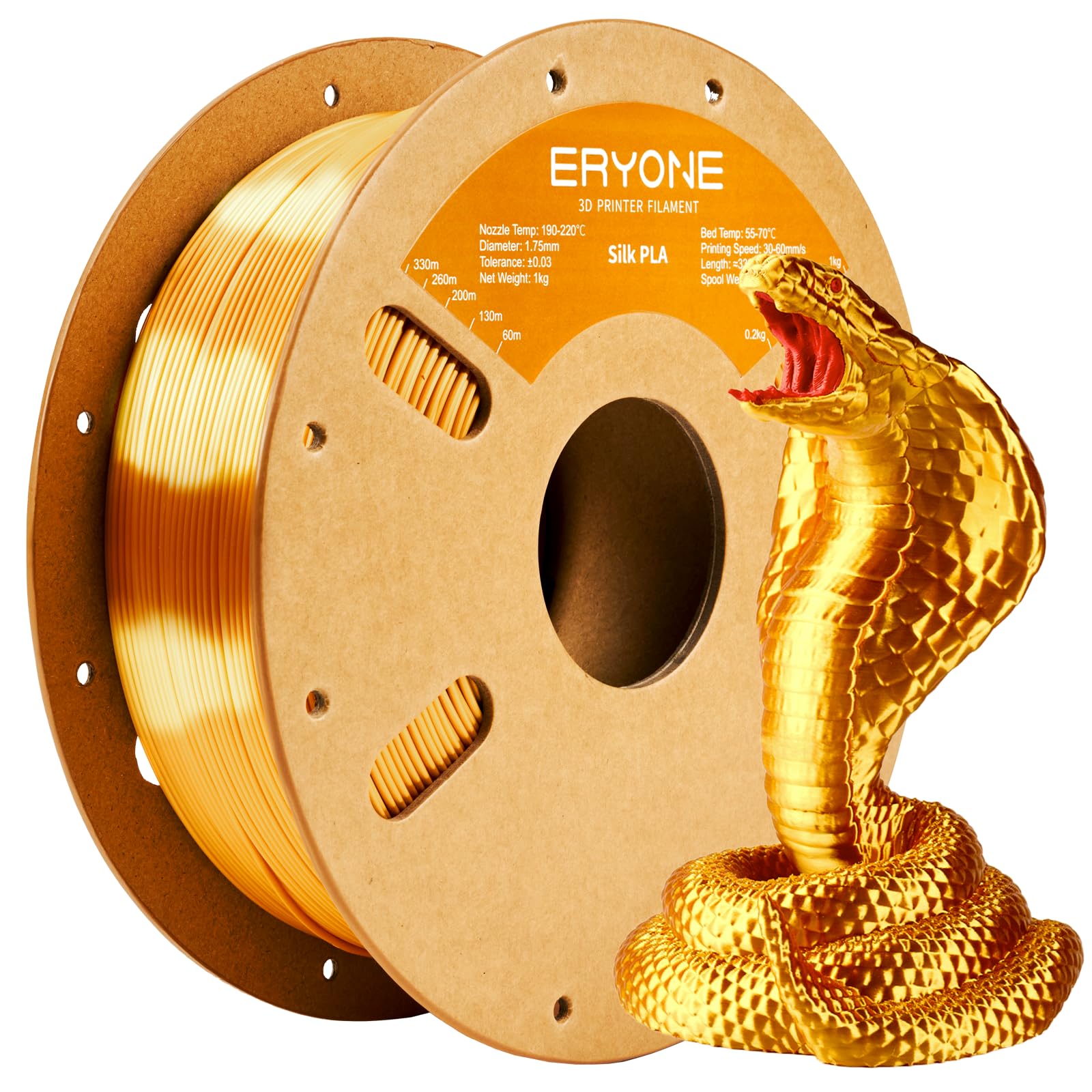 ERYONE Silk Color PLA Filament 3D Printer 1.75mm +/- 0.03mm, Shiny Filament Silk PLA 1KG(2.2lbs) Cardboard Spool, Silk Gold