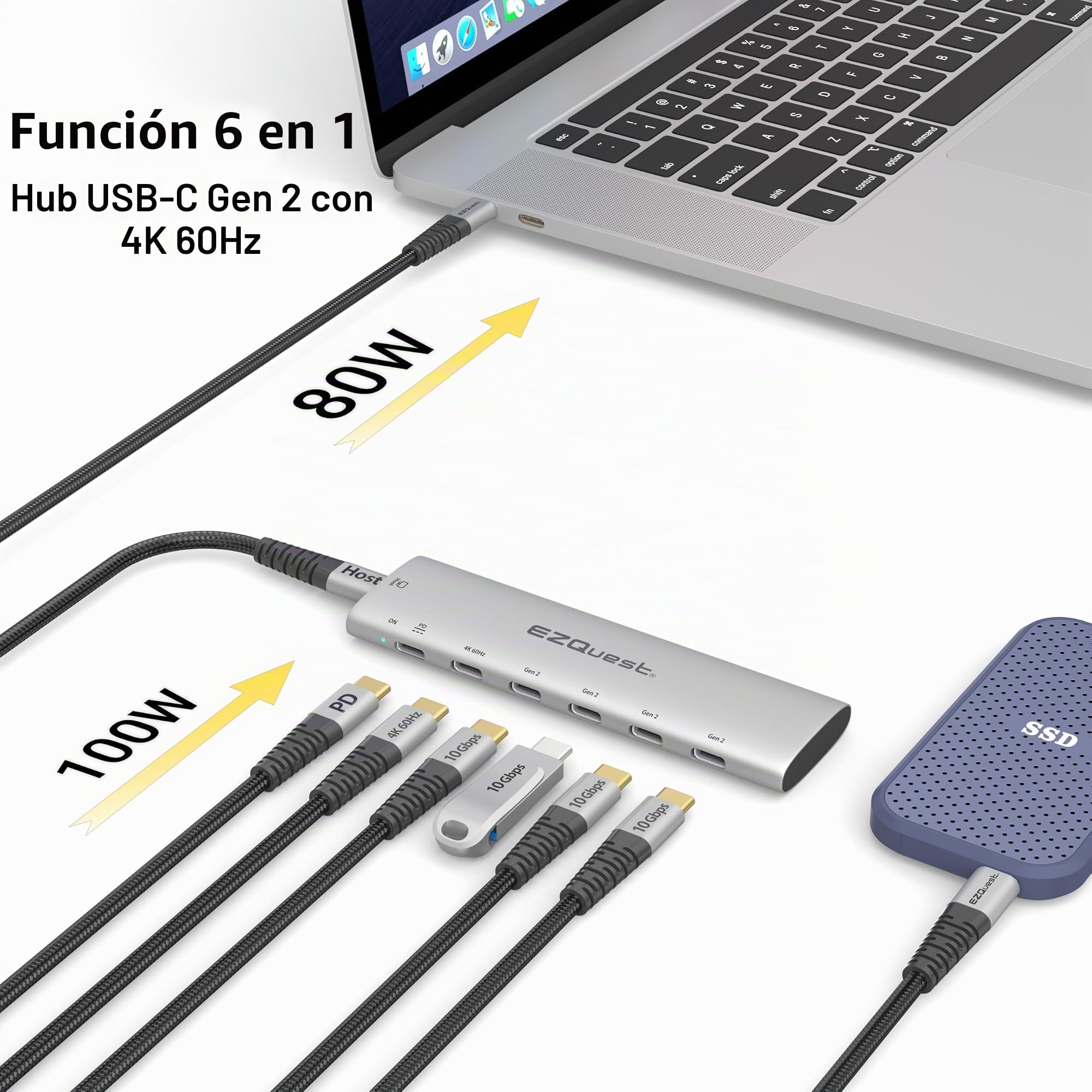 Adaptador USB-C Slim Gen 2 Hub 6 en 1 1 USB-C 4K/60Hz Video, 4 USB-C Gen 2 10Gbps, y 1 USB-C Power Delivery 3.0