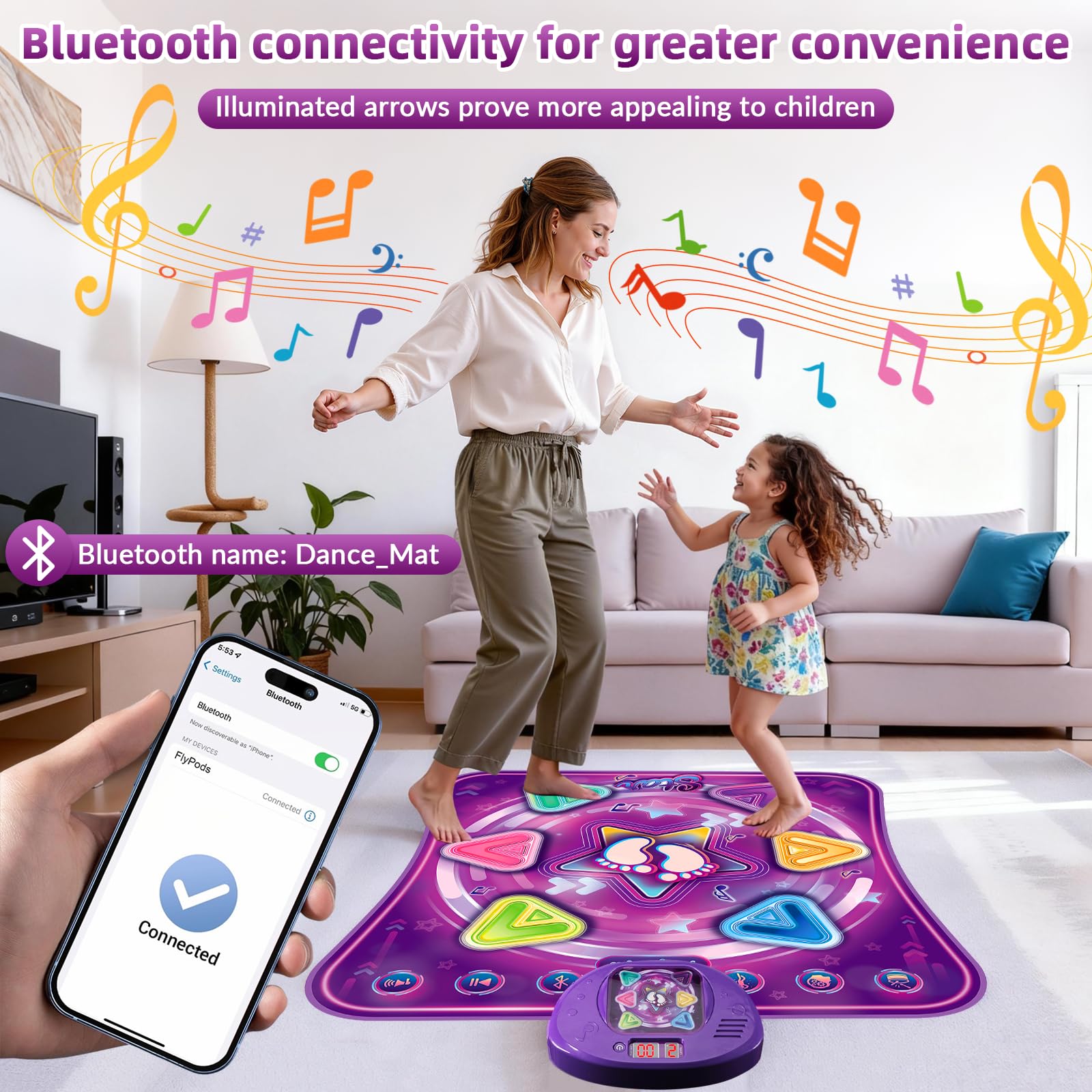 Bambini Tappetino da Ballo con 6 LED, Tappeto da Ballo con Bluetooth per 3 4 5 6 7 8+ Anni,Tappetino da Ballo Elettronico,Giocattolo Tappeto Musicale da Ballo,Regali di Natale di Compleanno (Viola)