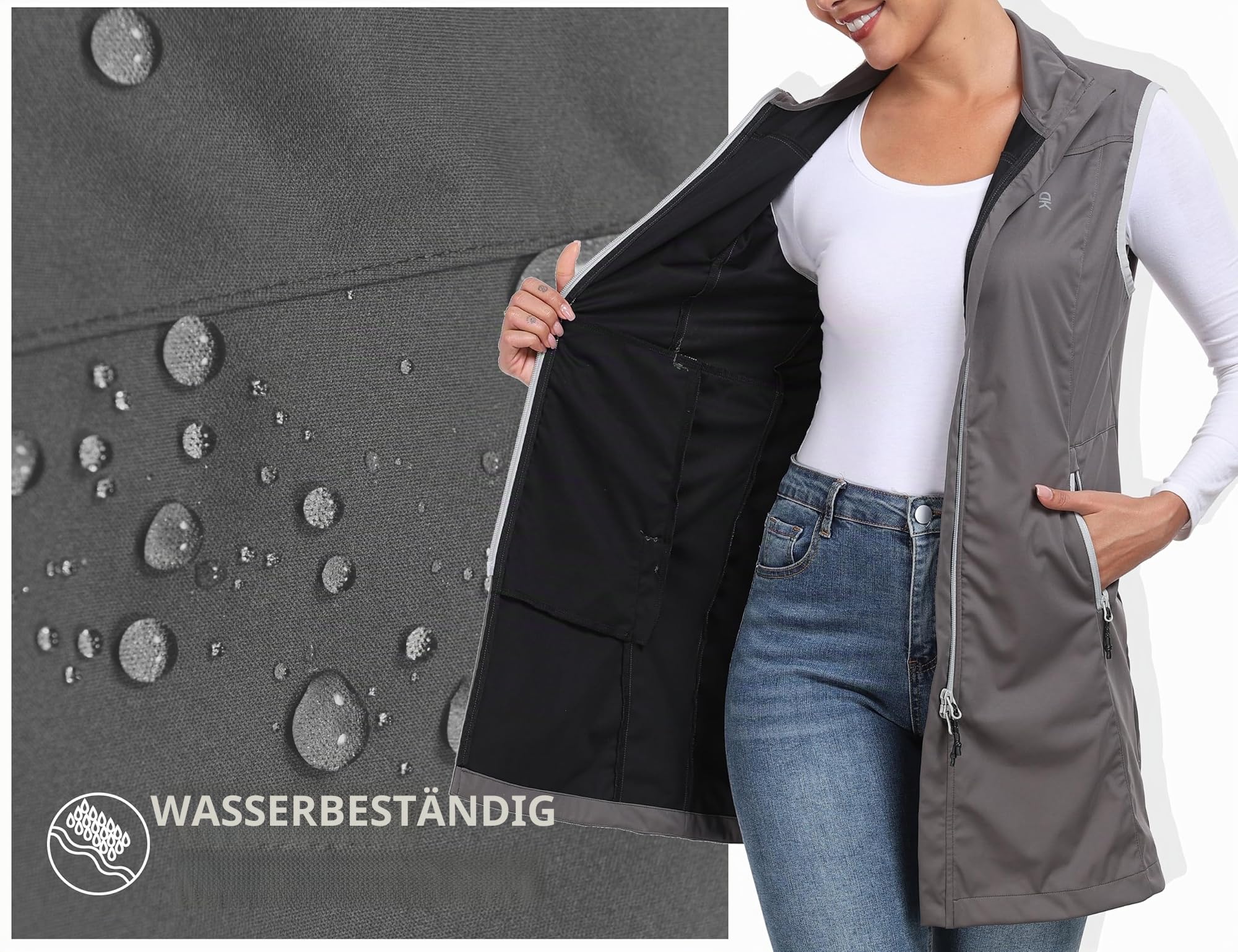 Little Donkey Andy Leichte Softshell-Weste für Damen in langer Ausführung Outdoor-Weste für Damen Lang Winddichte ärmellose Jacke zum Wandern Grau XS