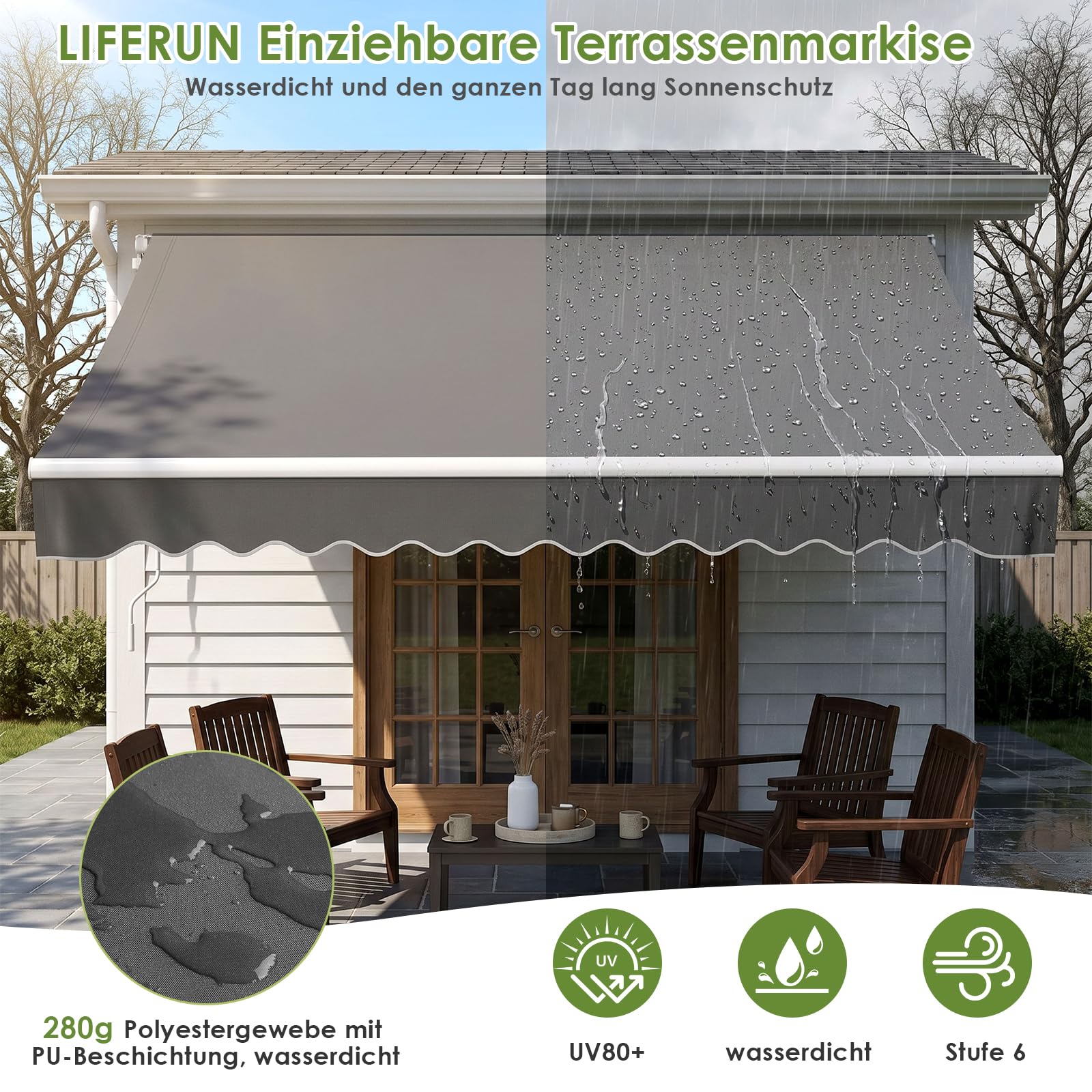 LIFERUN Markiza ramion przegubowych 300 x 250 cm, UPF 50+ & wodoodporna, z korbą & uchwytem ściennym, Regulacja kąta (52-75°), Markiza na Taras & Balkon, Markiza balkonowa Markiza ramionowa Beige