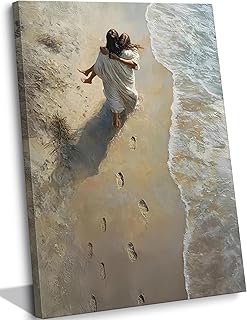 YOXORDQ Jesus Holding Woman Canvas Wall Art Christian Beach Picture Prin...