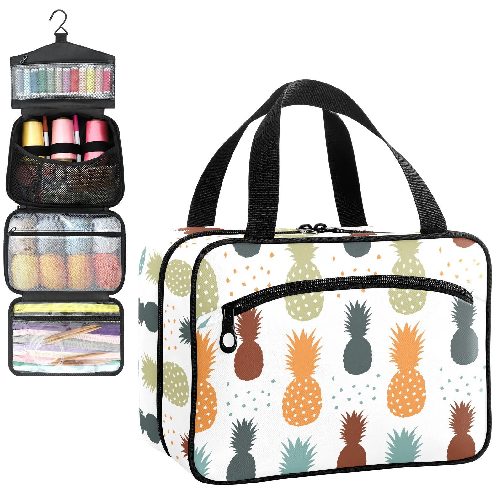 YNNALE Sewing Supply Organizer Bag, Colorful Pineapple Cute Portable Sewing Bags with Pockets&Hanger, Sewing Storage Box Case for Sew Supplies/Kit/Tools/Accessories (BAG ONLY)