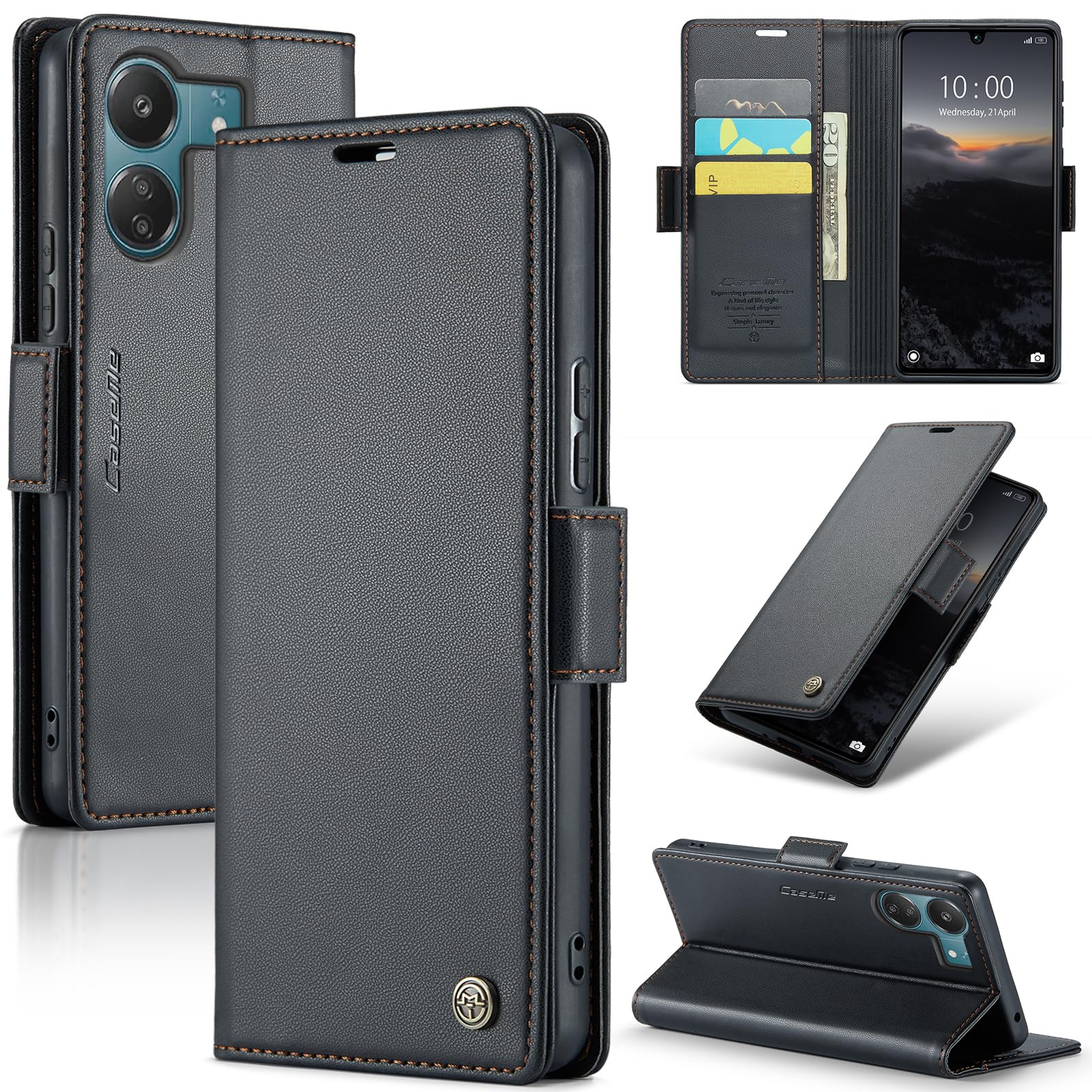 PEIYE Cover per Xiaomi Redmi 13C / Poco C65, Custodia Libro Flip in PU Pelle Portafoglio, Case Antiurto Soft con Porta Carte e Chiusura Magnetica, Funzione Stand - Nero