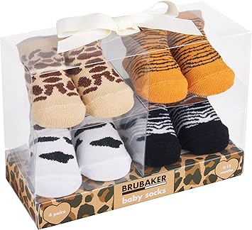 BRUBAKER Baby,Clothing,Baby Boys 0-24m,Socks & Tights,Socks BRUBAKER 4 Pairs of Baby Socks Boys Girls 0-12 Months - Baby Gift Set for Newborn in Gift Box with Bow - Safari with Tiger, Zebra and Giraffe Pattern