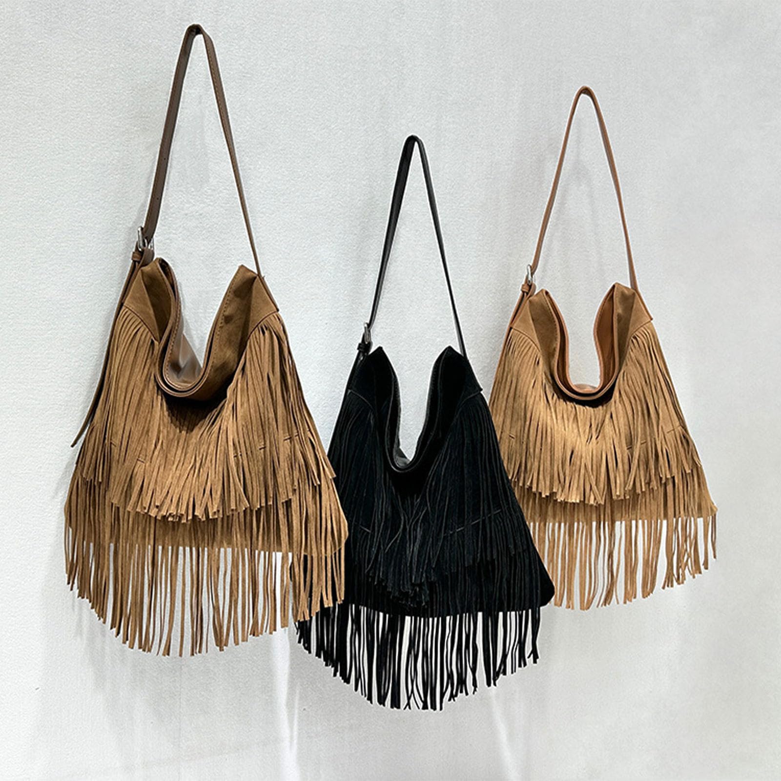 CORIOS Borsa a Mano Donna con Frange Stile Boho in Ecopelle Scamosciata PU PelleBorsa a Tracolla e Spalla Moda Borsa Messenger Nero