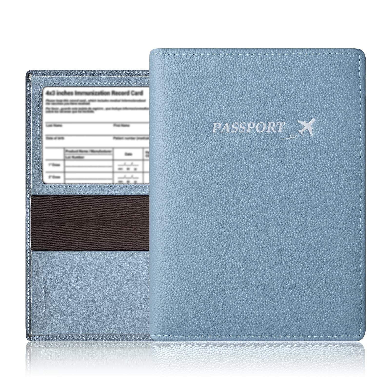 Genuine Leather Passport Cover Wallet, Ultra Slim Case with Vaccine Card Slot, RFID Blocking (Ice Blue)