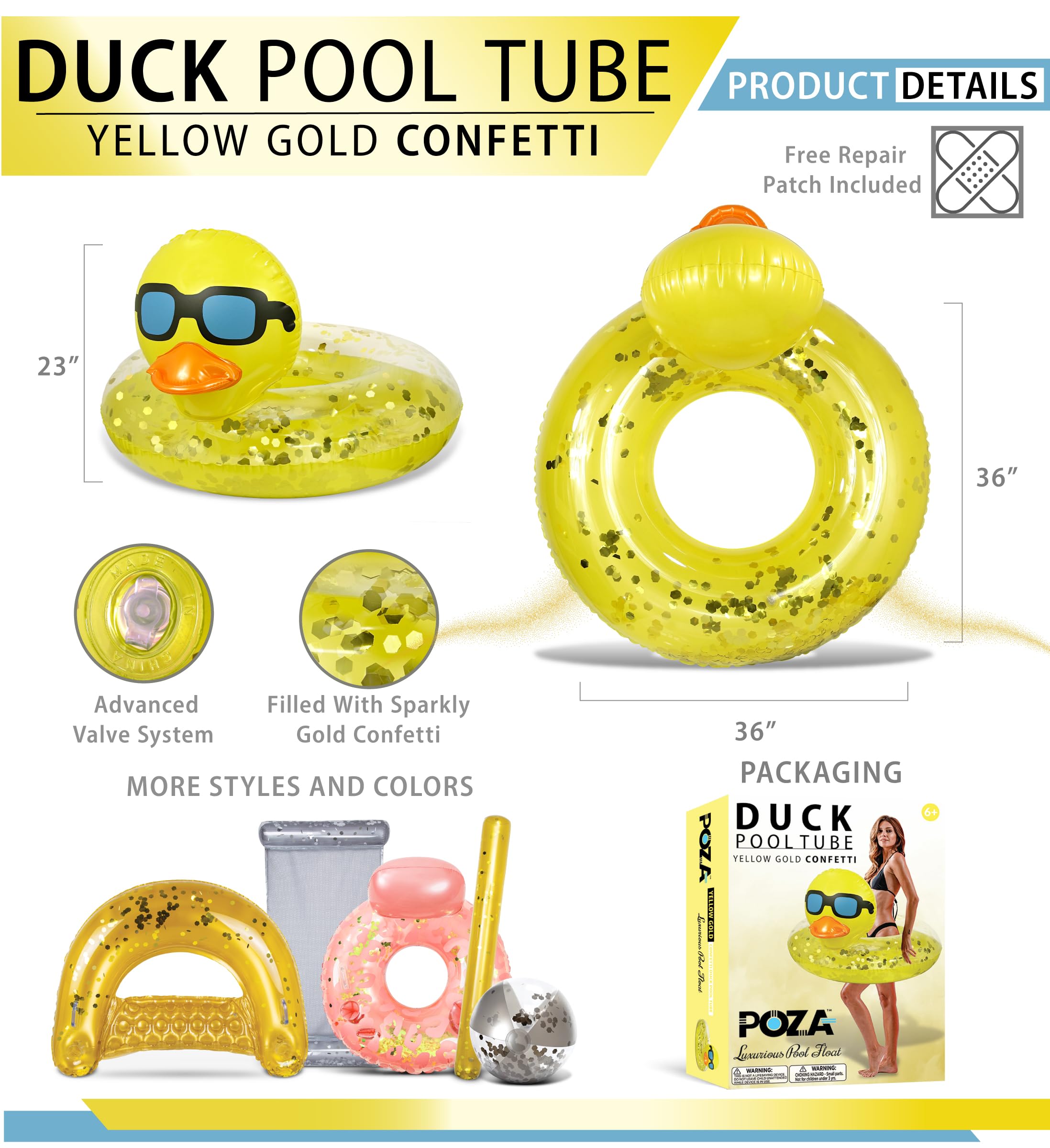 POZA Inflatable Duck Pool Float Tube - Heavy Duty Vinyl UV Resistant Confetti Pool Duck Floatie, Animal Pool Float Swim Ring Pool Inflatables for Kids, Adults for Beach, Party, Vacation - Yellow Gold