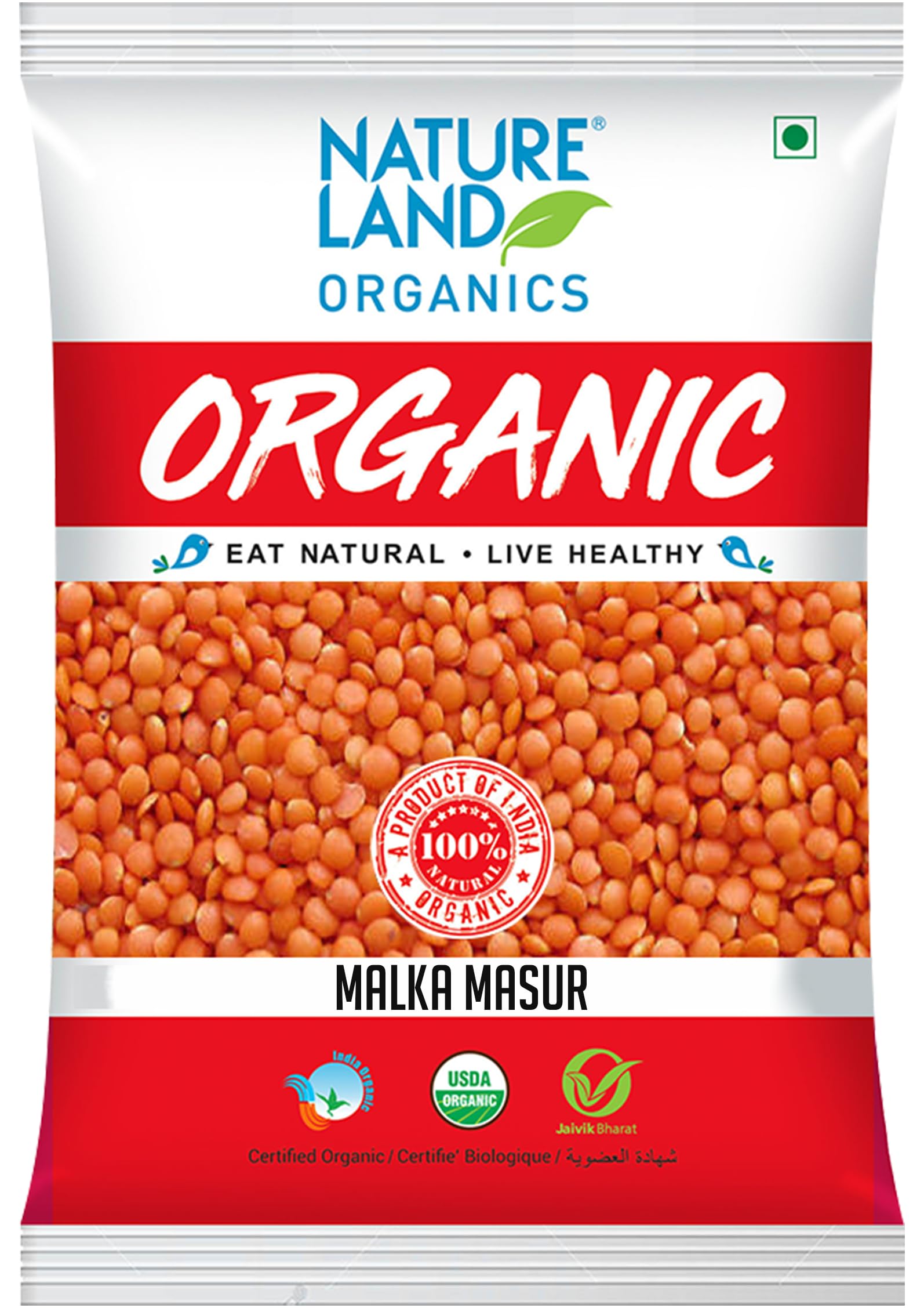 Natureland Organics Malka Masoor Dal/Red Masoor Dal 1 Kg - Organic Dals and Pulses - Organic Food