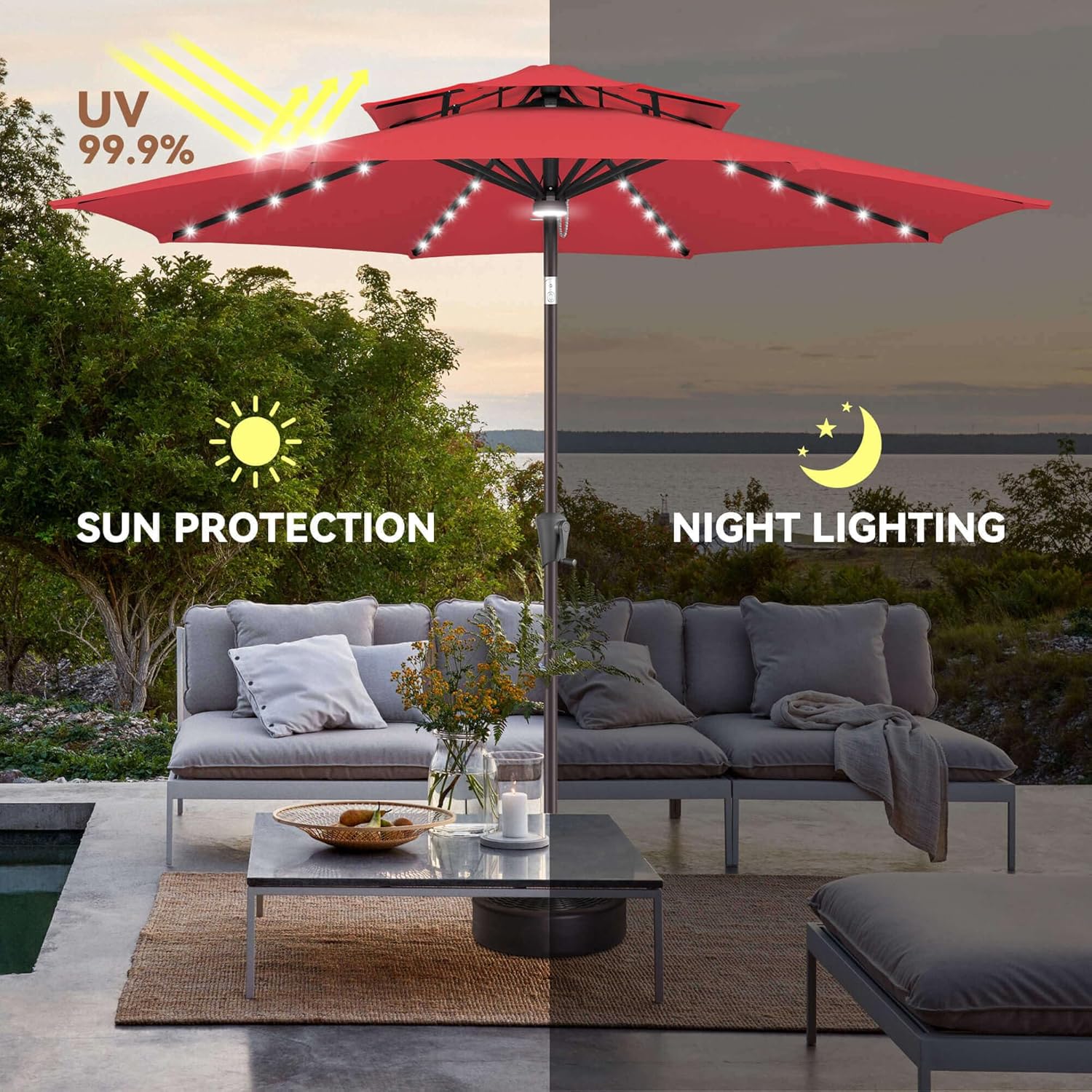 9ft Solar Umbrella Outdoor - 2 Tiers Lighted Solar Patio Umbrella with 40 LED Lights Waterprool UV Protection, Table Umbrella with Tilt for Pool, Porch, Garden, Backyard (Red)