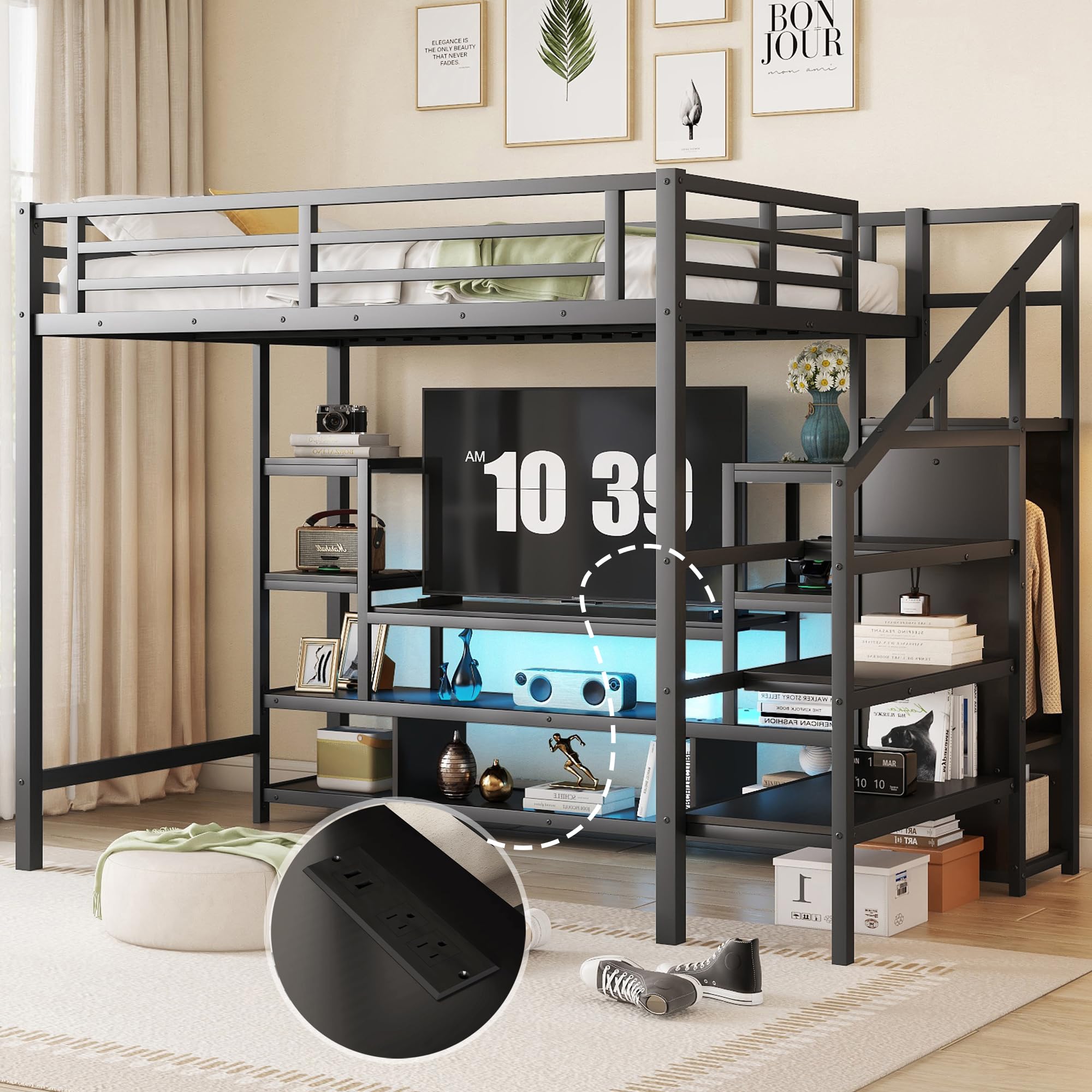 Full Size Loft Bed with Stairs and Desk, Metal Bed Frame with Storage Bookcase and Low Desk Cabinet, Heavy-Duty for Adults, Teens and Kids, Black