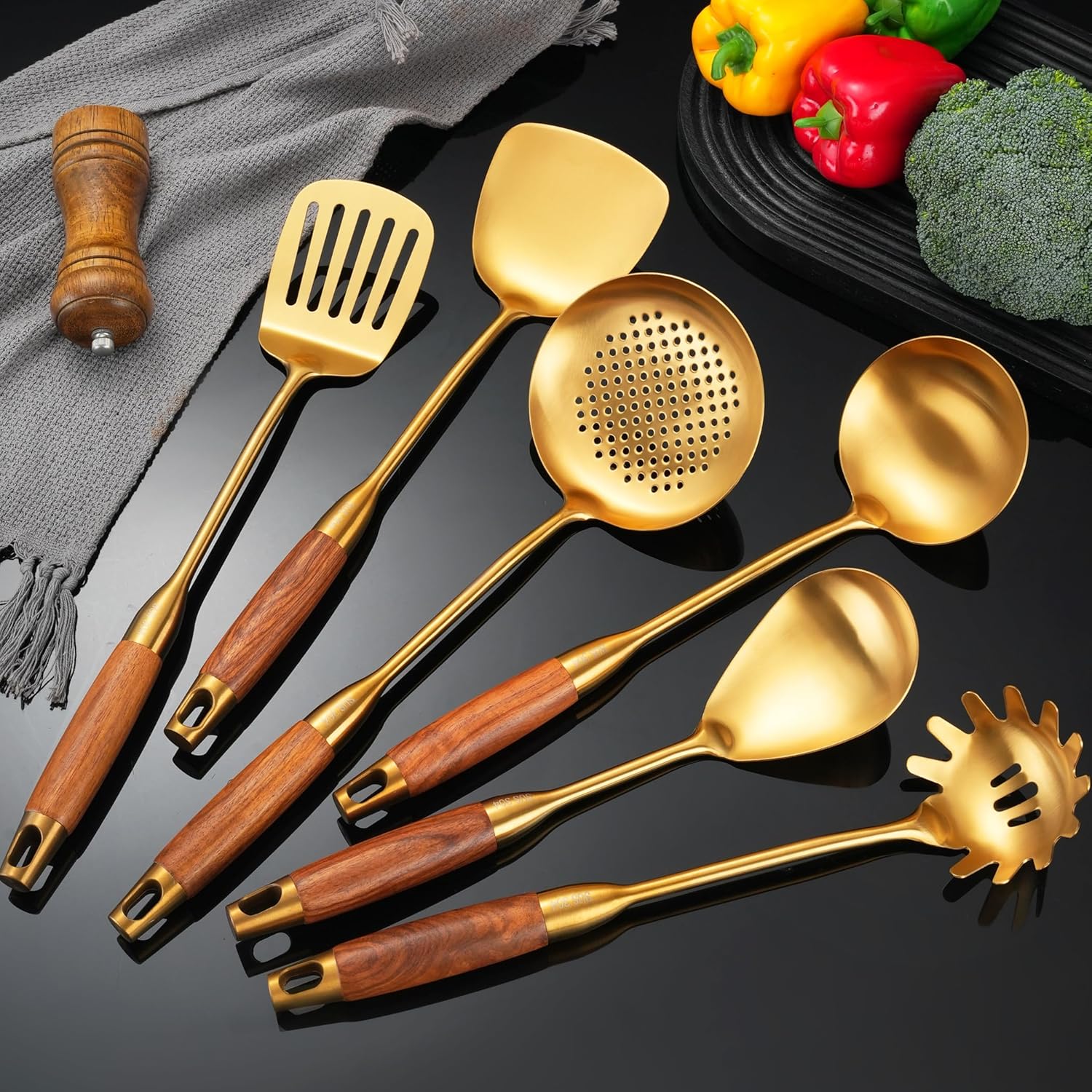 Gold Kitchen Utensils Set with Wooden Handle, 6 PCS Professional Cooking Utensils Set, Wok Spatula, Ladle, Skimmer, Slotted Spatula Turner, Spaghetti Spoon, Large Spoon Gold Kitchen Utensils Set with Wooden Handle, 6 PCS Professional Cooking Utensils Set, Wok Spatula, Ladle, Skimmer, Slotted Spatula Turner, Spaghetti Spoon, Large Spoon